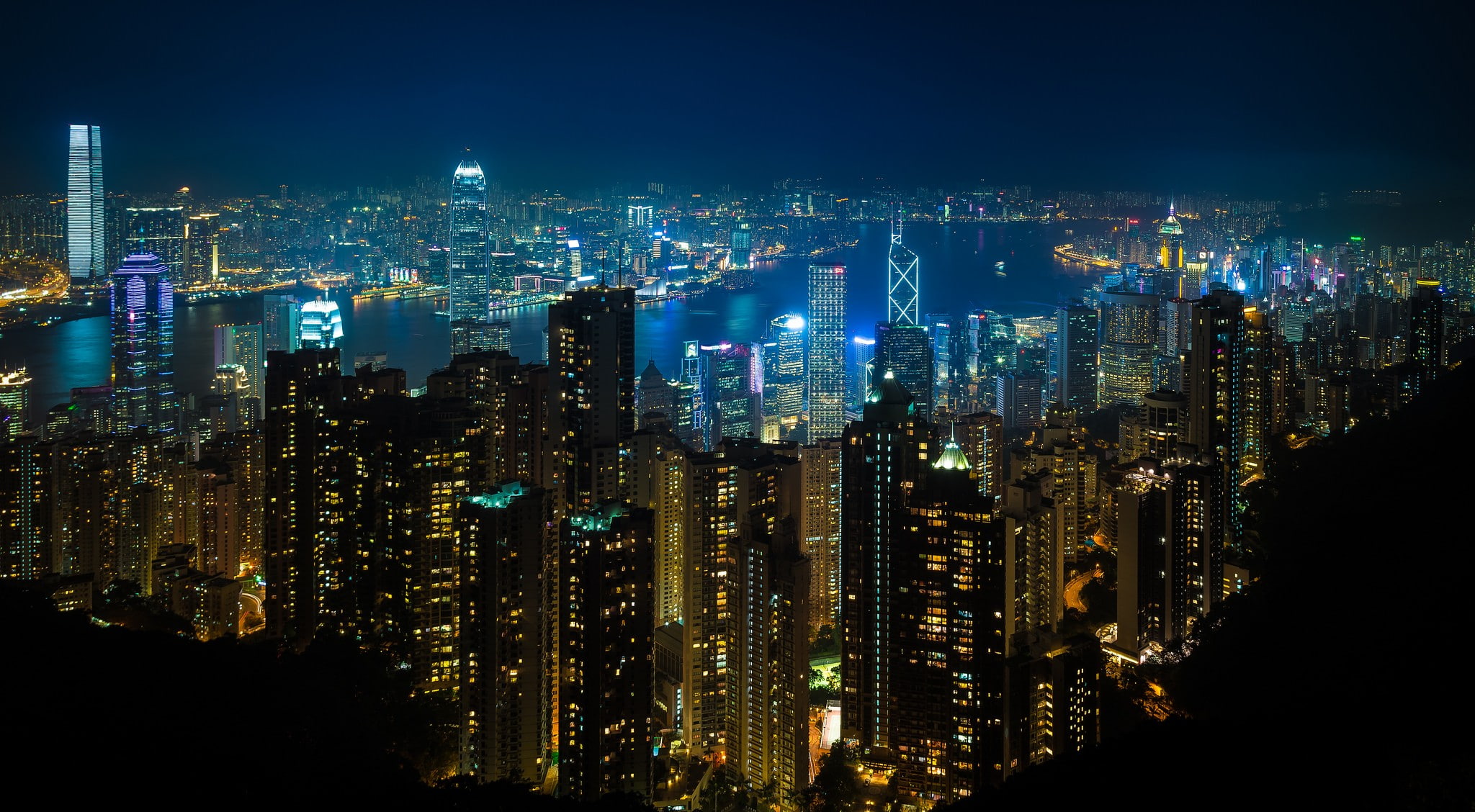 financial district, skyscraper, lights, residential district, no people, building, outdoors, sky, night, modern, landscape, travel destinations, Hong Kong, HD Wallpaper