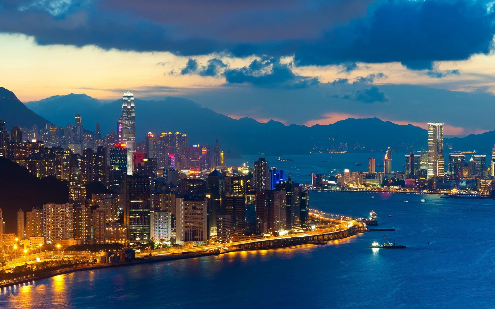 skyscraper, city, 1080P, sea, photography, urban, water, building, lights, dusk, Hong Kong, HD Wallpaper
