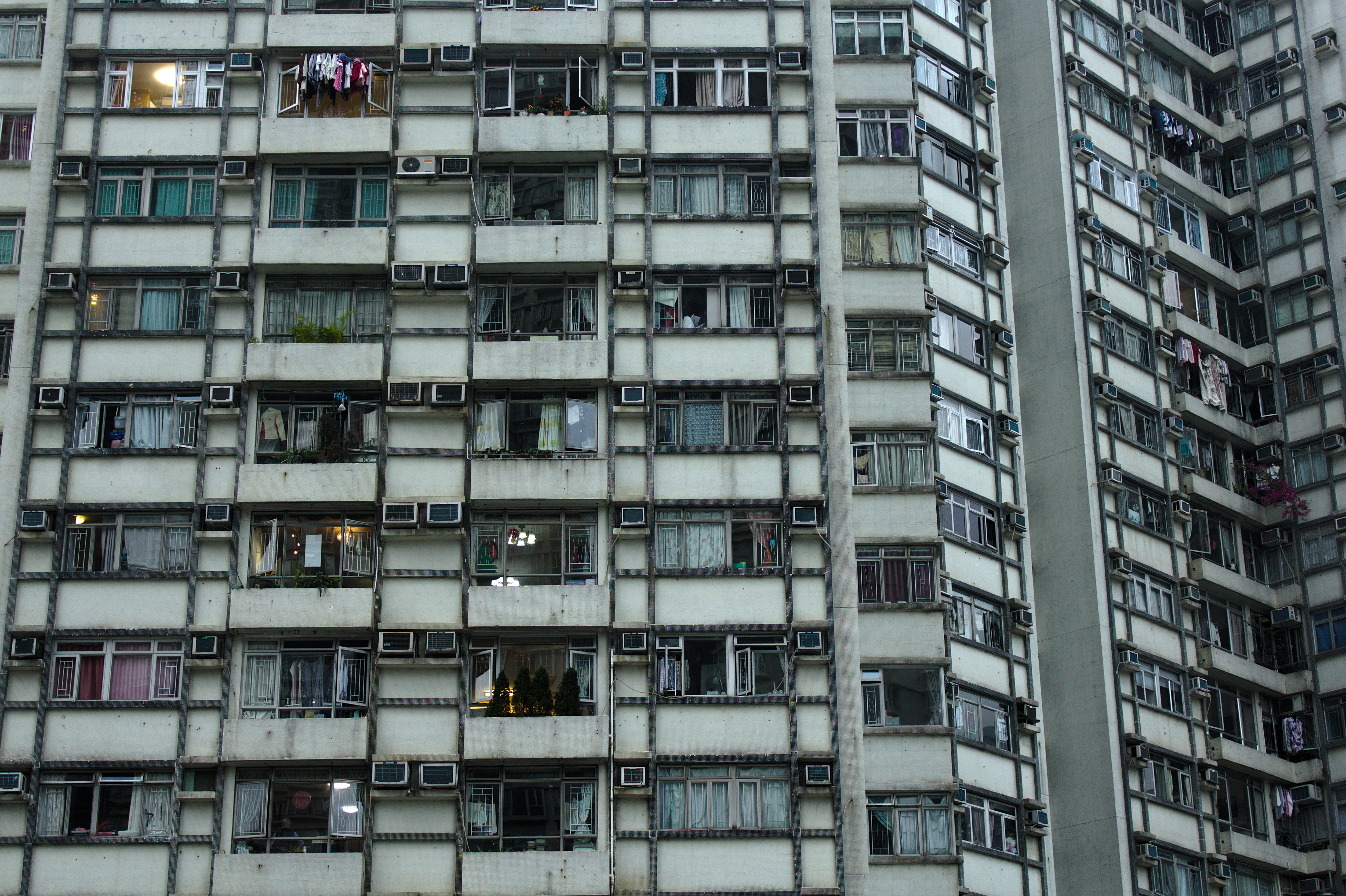 curtain, appliance, full frame, high rise, pattern, backgrounds, day, human, built structure, town, building block, glass - material, social housing, window shade, HD Wallpaper