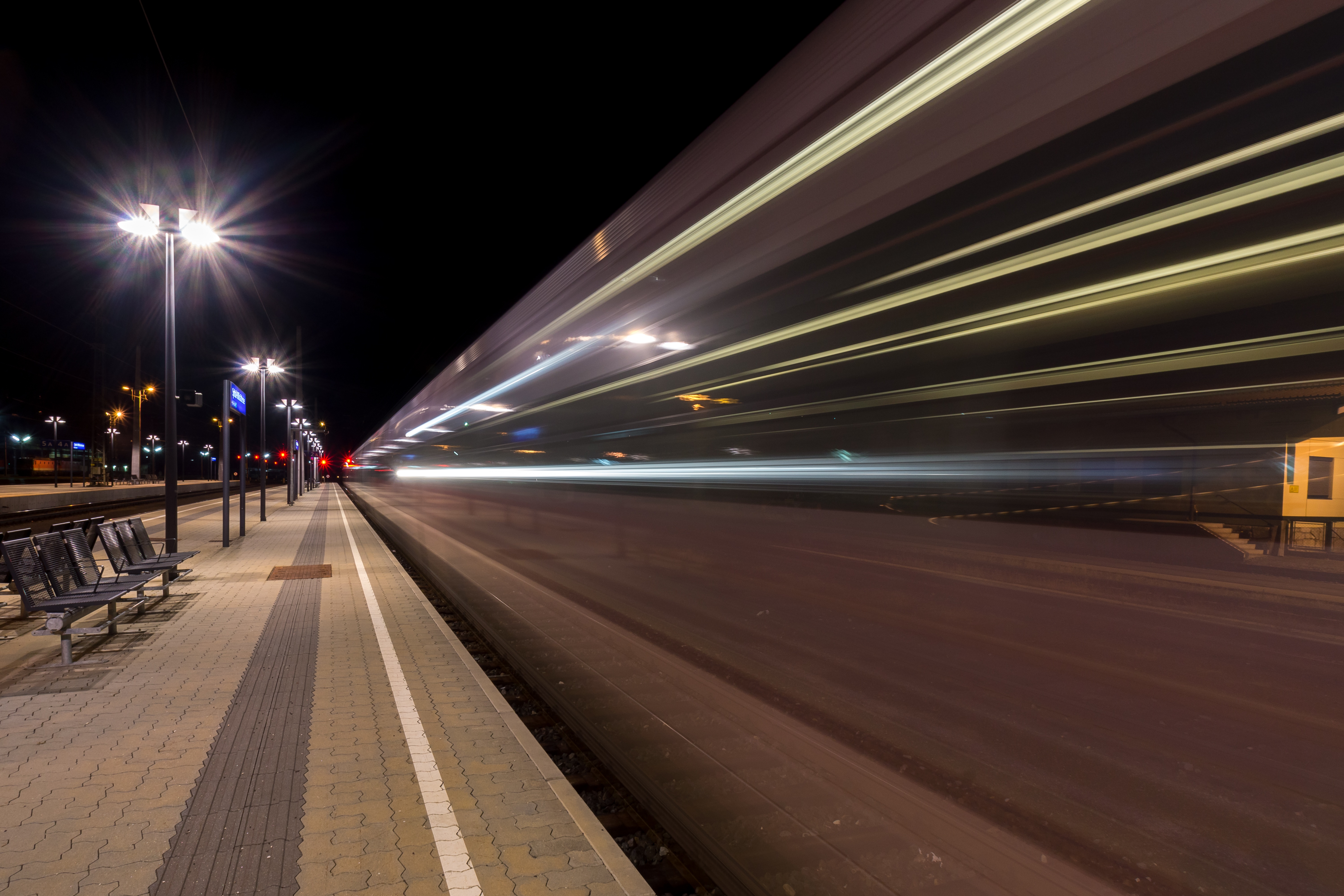 road, track, public transportation, 5K, street light, railway traffic, cityscape, no people, highway, long exposure, night photography, train, motion, HD Wallpaper