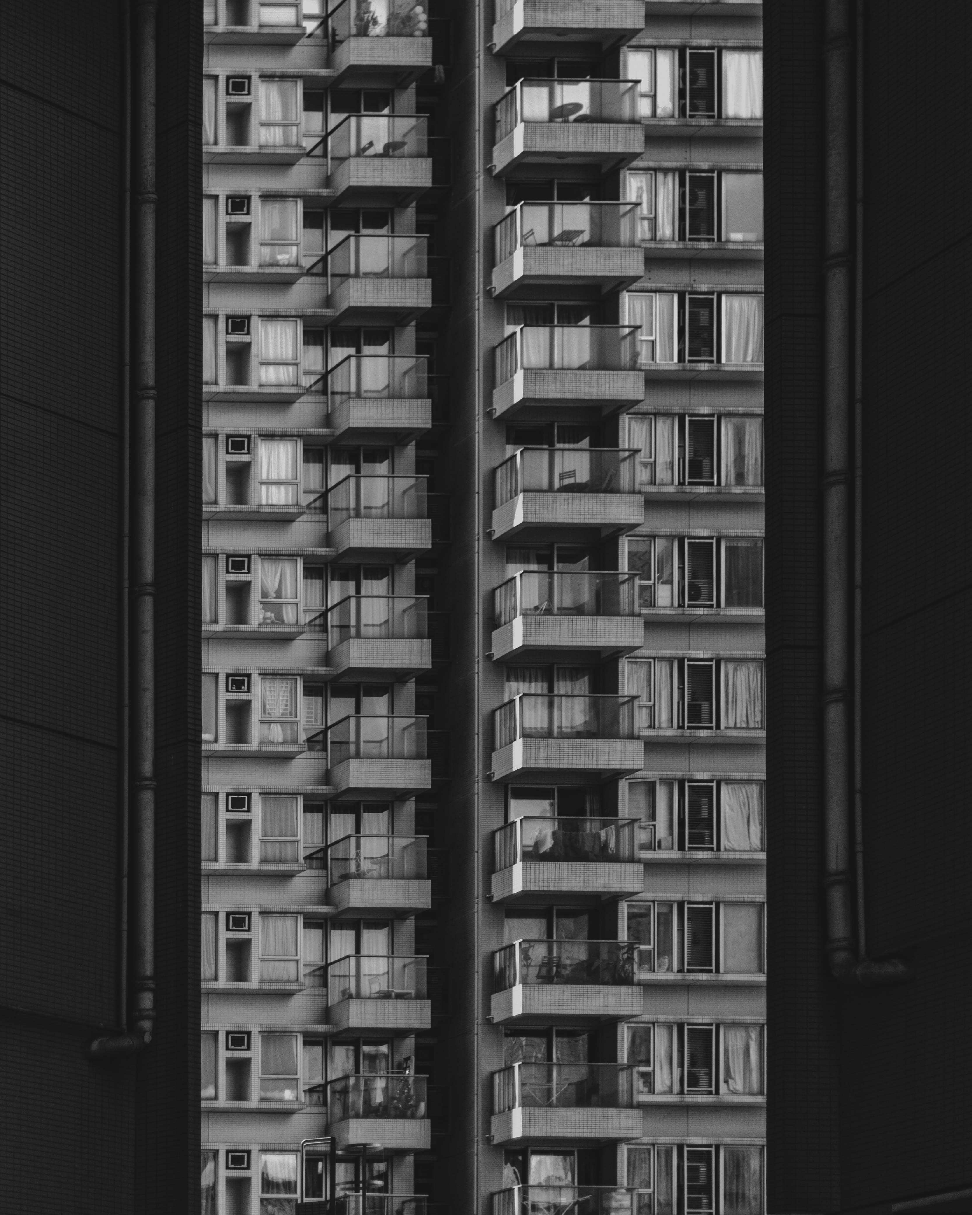 building, urban, shelf, city, window, buildings, office building, city life, photography, 4K, apartment, low angle view, balcony, black and white, photo, Phone HD Wallpaper