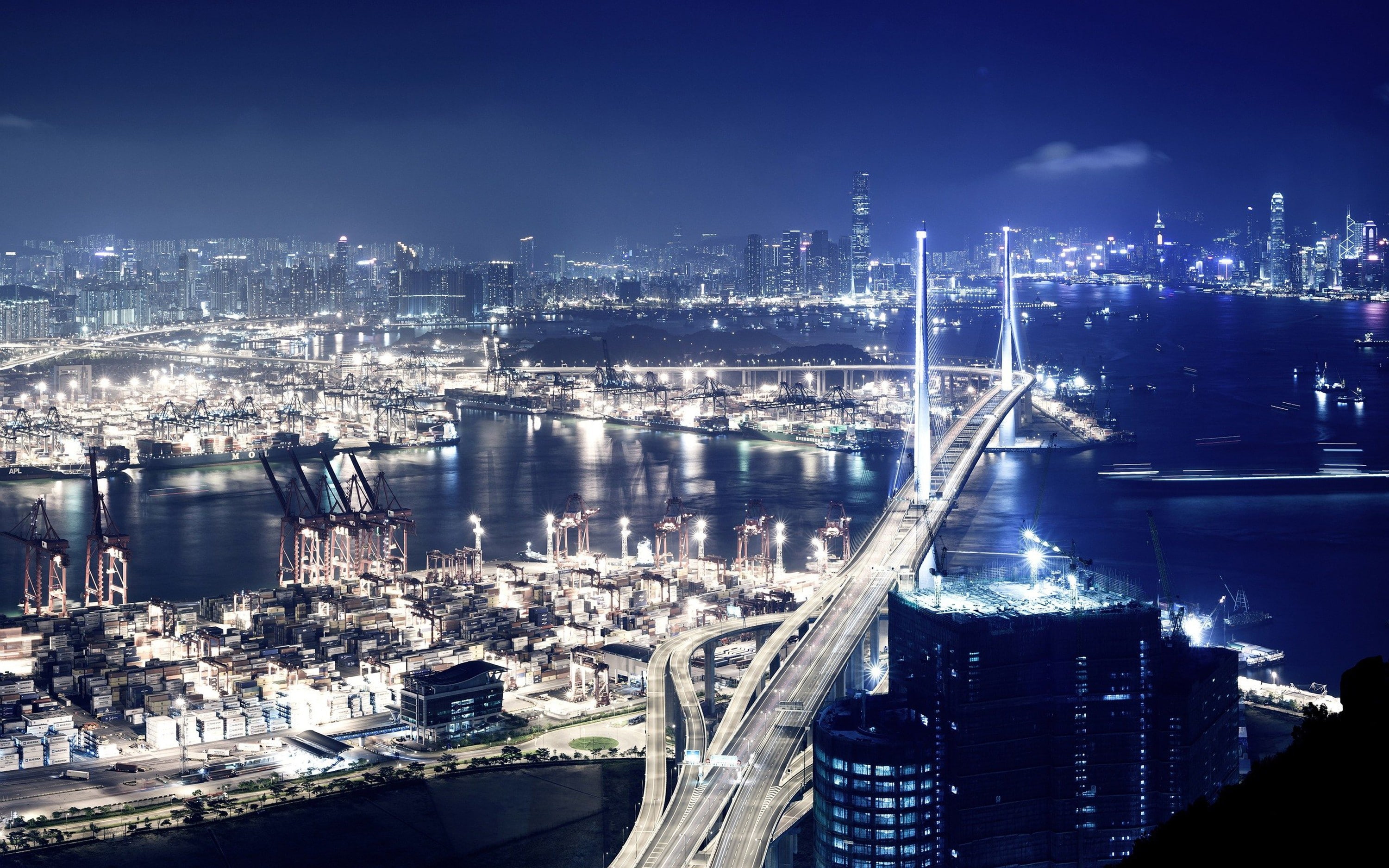 illuminated, night, outdoors, transportation, nature, office building exterior, building exterior, river, building, no people, connection, Hong Kong, nightlife, HD Wallpaper