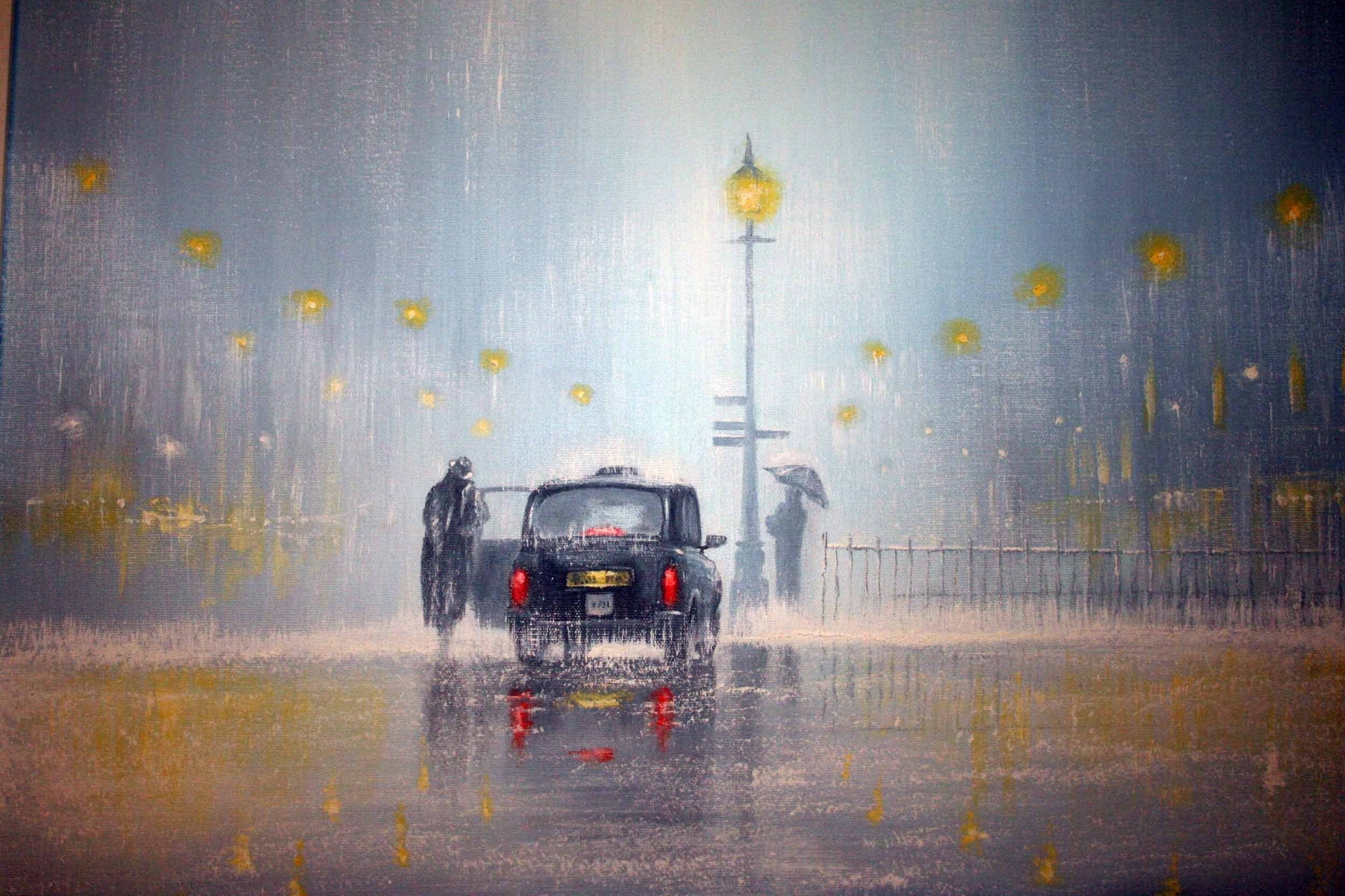 painting, taxi, England, Mini Cooper, rain, 1080P, car, HD Wallpaper