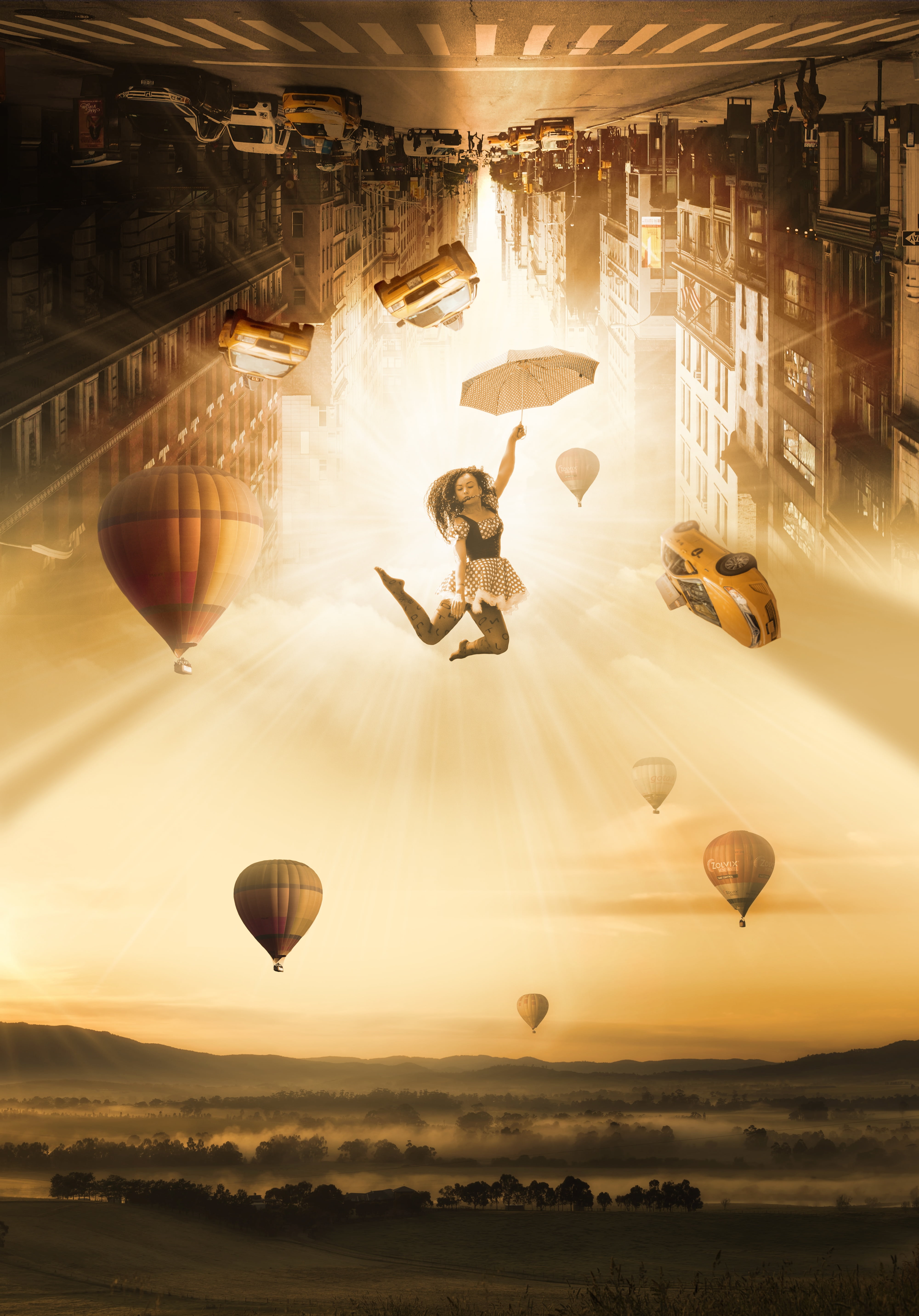 city, built structure, traffic, adventure, adults only, woman, real people, transportation, hot air balloon, umbrella, light, personal, 5K, flying, fall, Phone HD Wallpaper