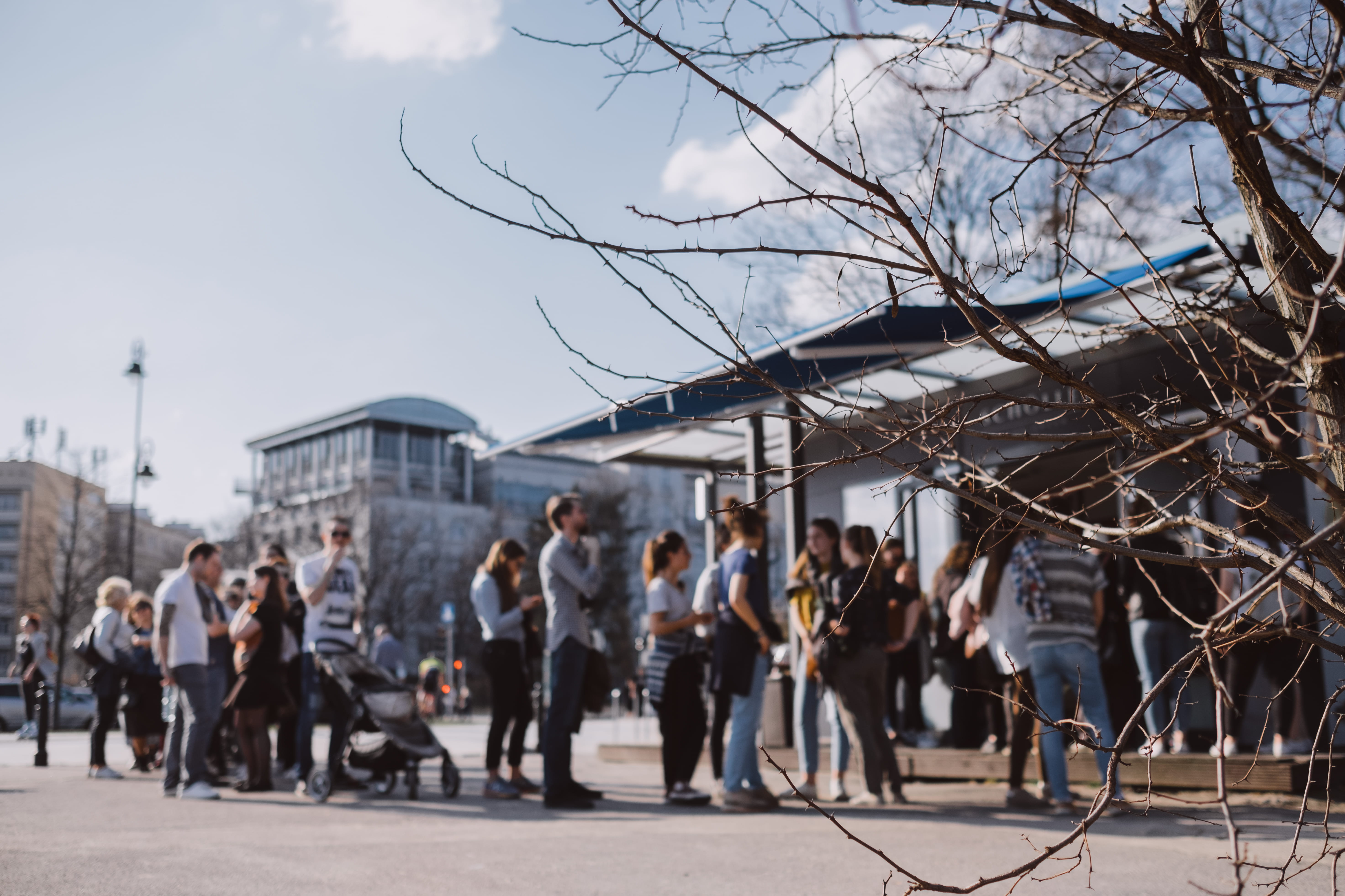 women, group of people, 5K, architecture, built structure, tree, twig, real people, stand, sunny, crowd, lifestyles, street, city, sky, up, adult, nature, HD Wallpaper