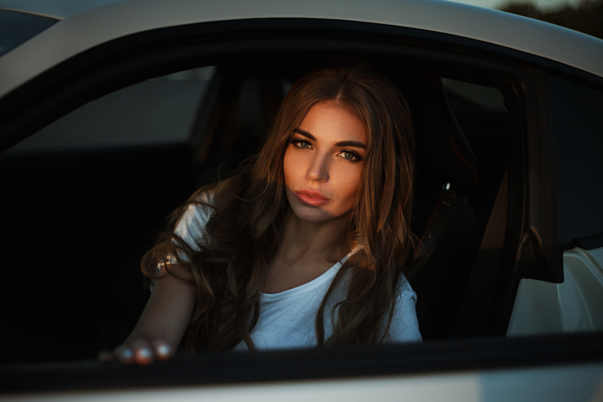 motor vehicle, adult, looking at viewer, transportation, women with cars, car, hair, mode of transportation, young women, beautiful woman, one person, long hair, HD Wallpaper