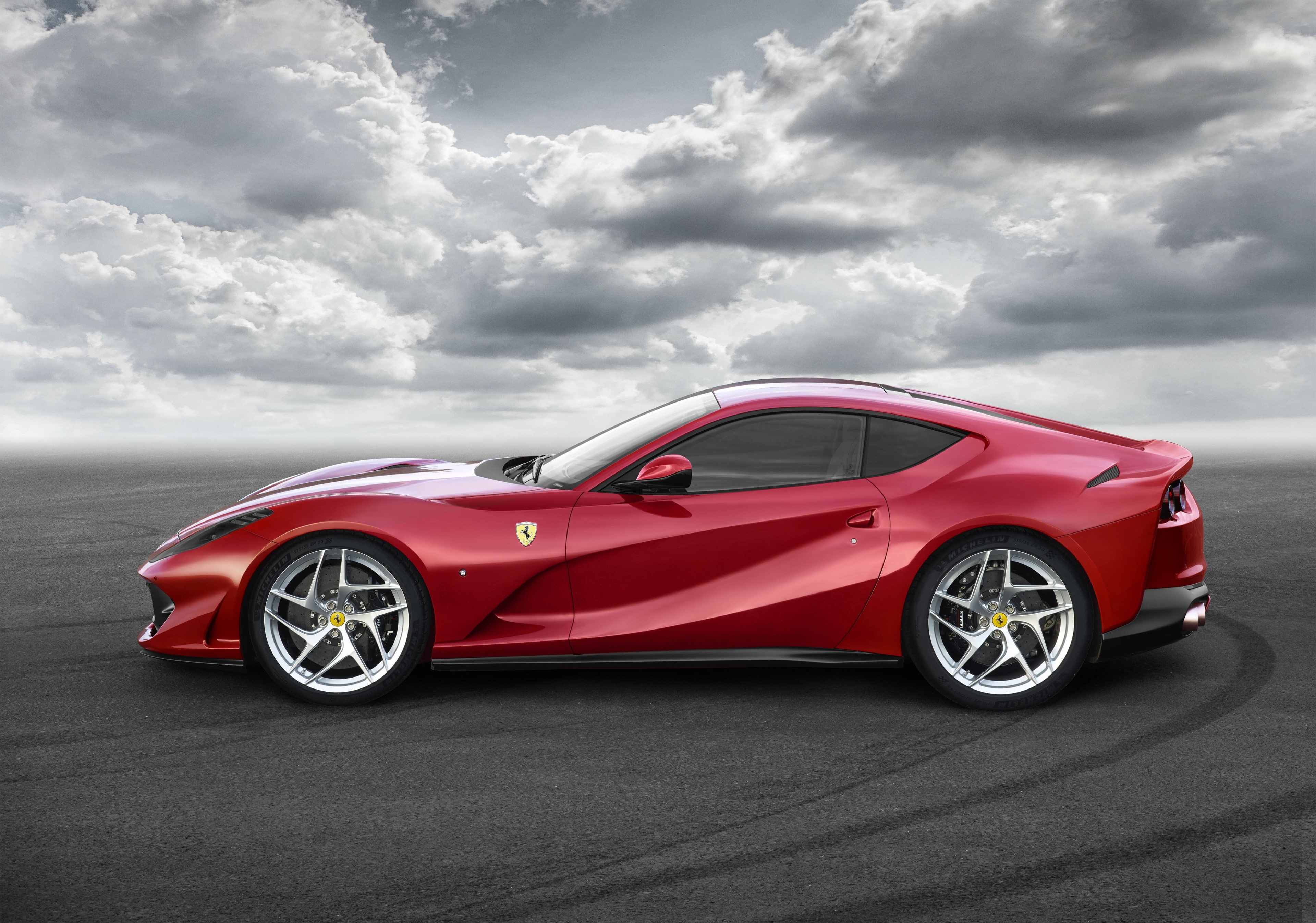 convertible, wealth, shiny, wheel, red, tire, land vehicle, 4K, silver colored, motor vehicle, cloud - sky, transportation, chrome, sky, racecar, ferrari 812 superfast 4k full screen  for desktop, HD Wallpaper