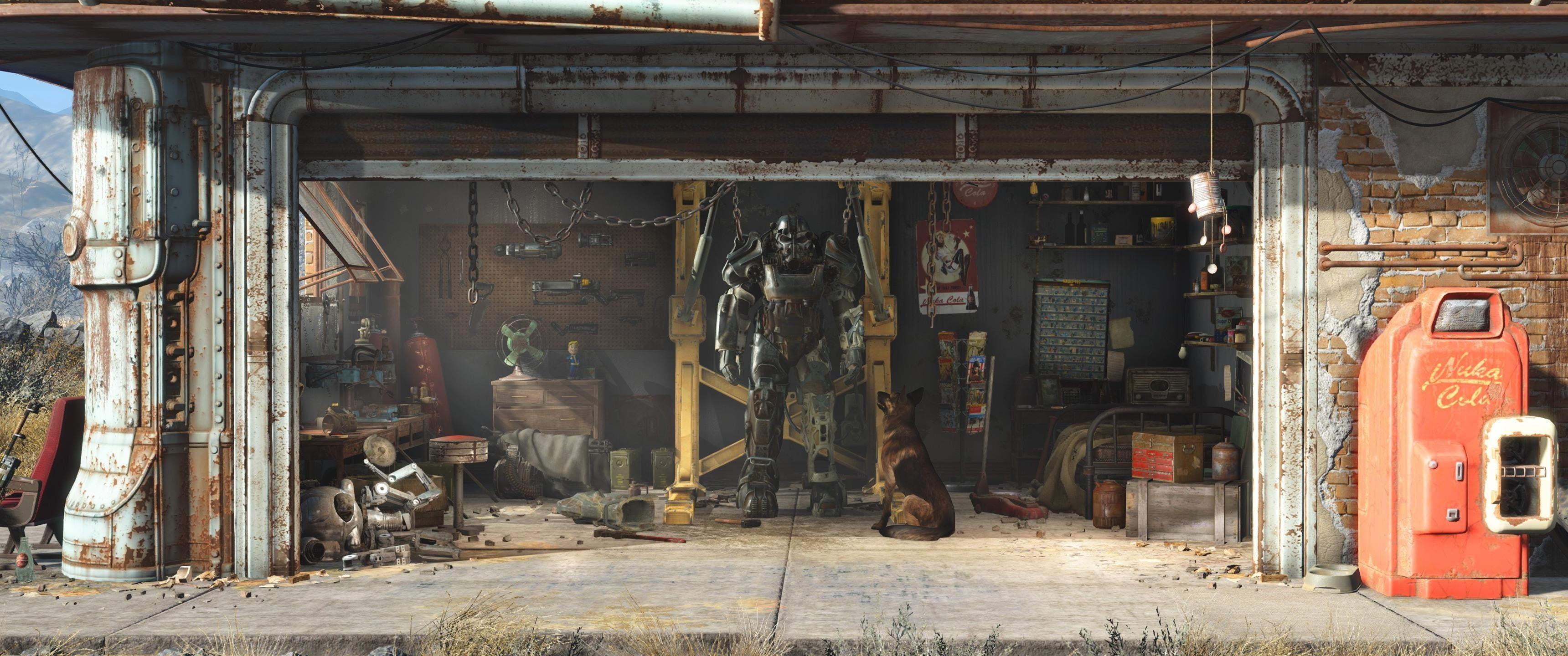 garage, 2K, history, robot, Fallout, outdoors, building exterior, no people, industry, the past, door, damaged, messy, building, built structure, architecture, HD Wallpaper