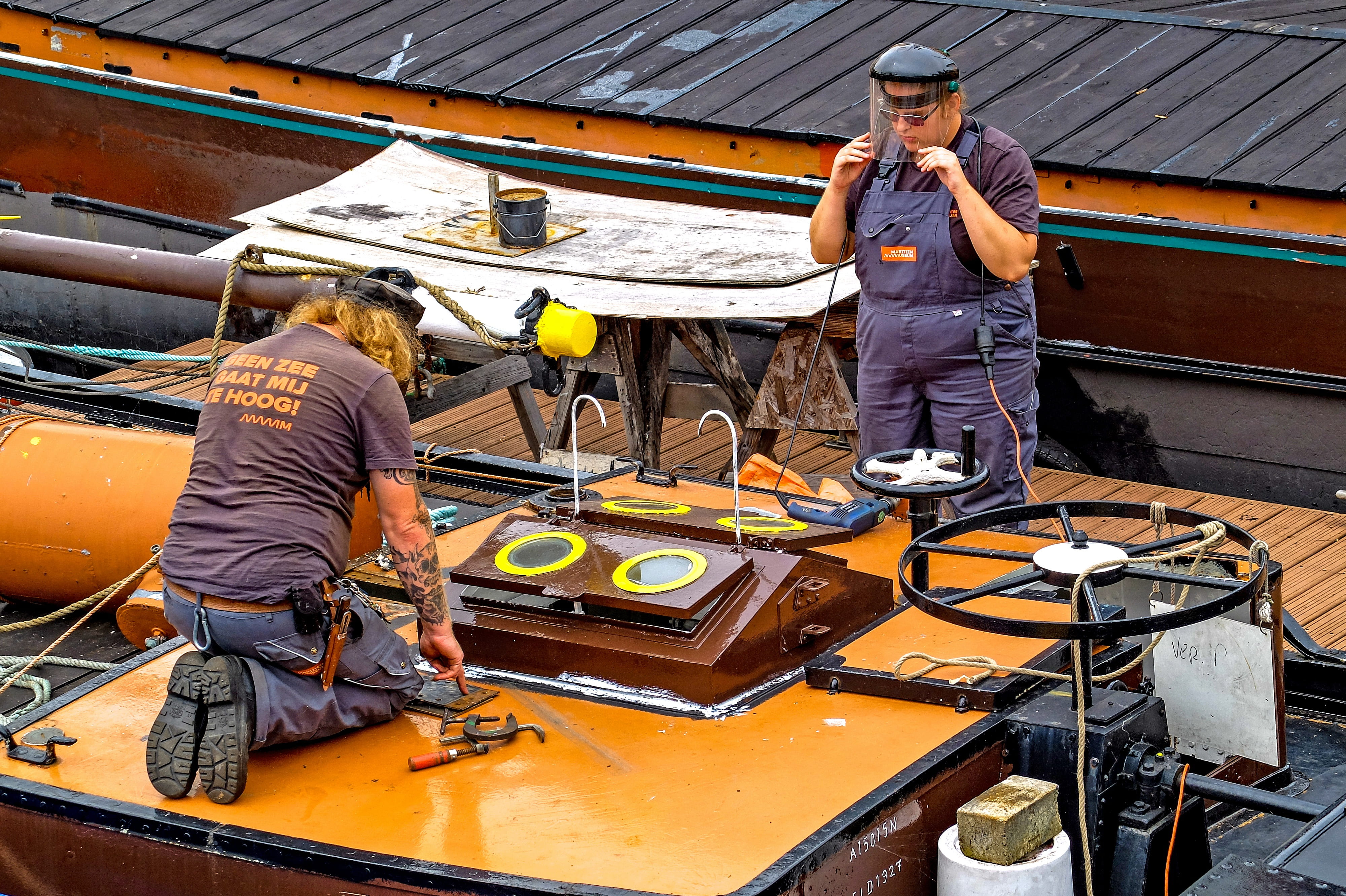 transportation, 4K, nautical vessel, europe, industry, occupation, adult, work tool, expertise, barge, repairman, workers, men, holland, cooperation, coworker, HD Wallpaper