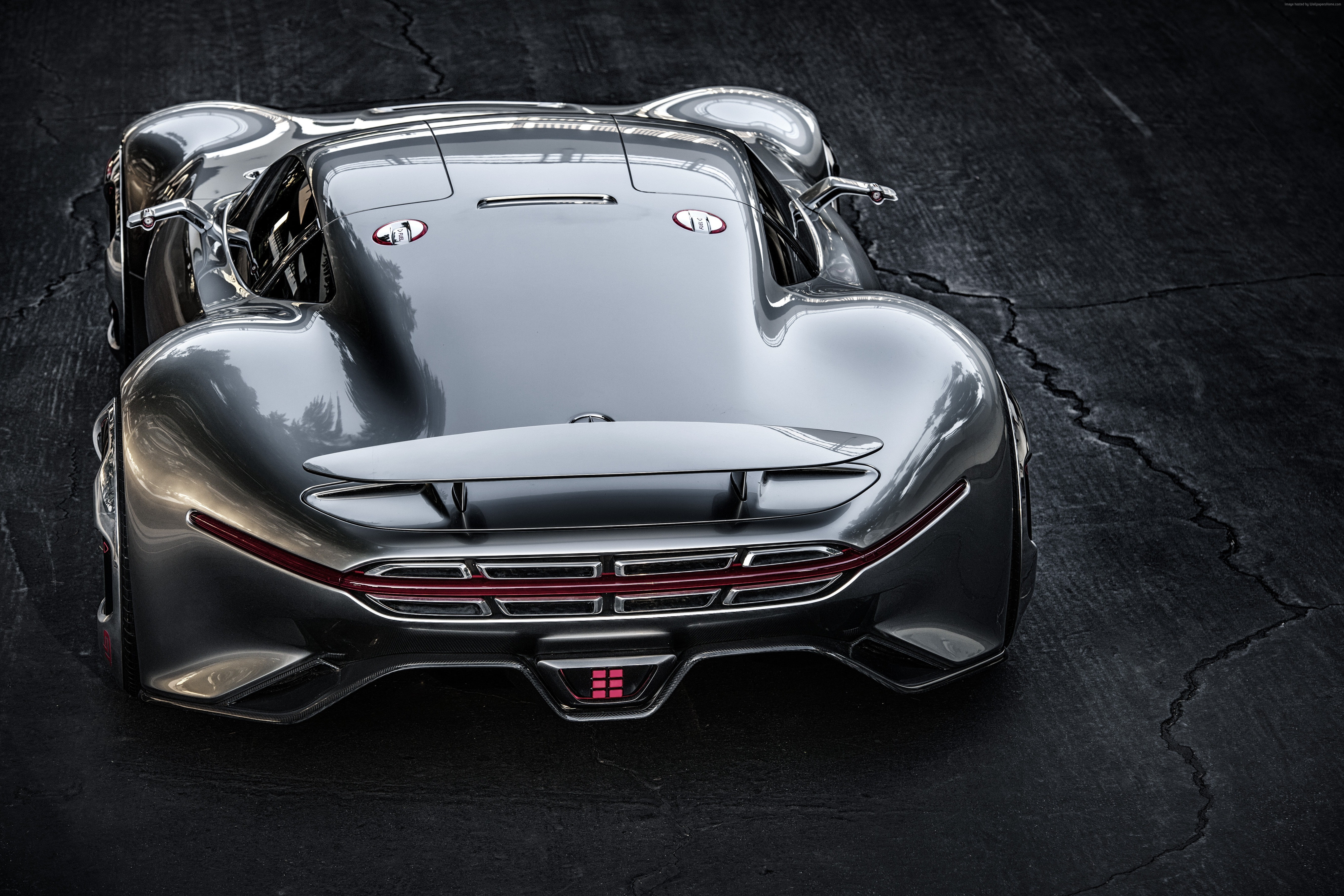 Mercedes-Benz AMG Vision, 5K, land vehicle, car, studio shot, 2015 car, concept, metal, silver, test drive, high angle view, back, black color, mode of transportation, HD Wallpaper