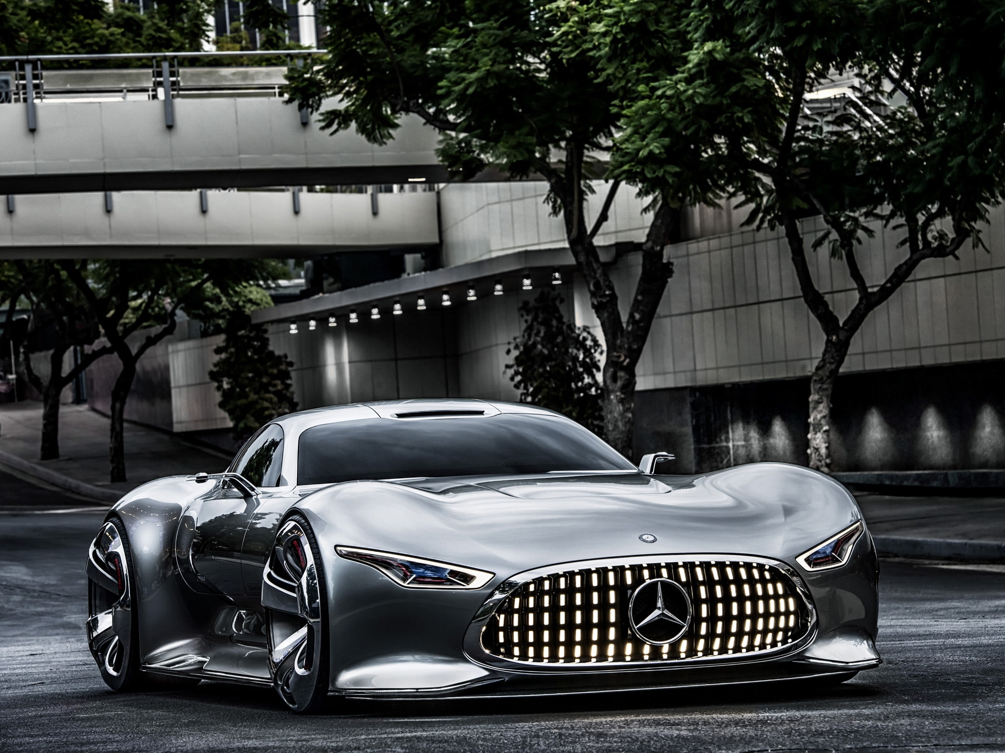 cars, outdoors, transportation, building exterior, architecture, street, supercar, front view, mercedes-benz amg vision gran turismo, land vehicle, wealth, HD Wallpaper