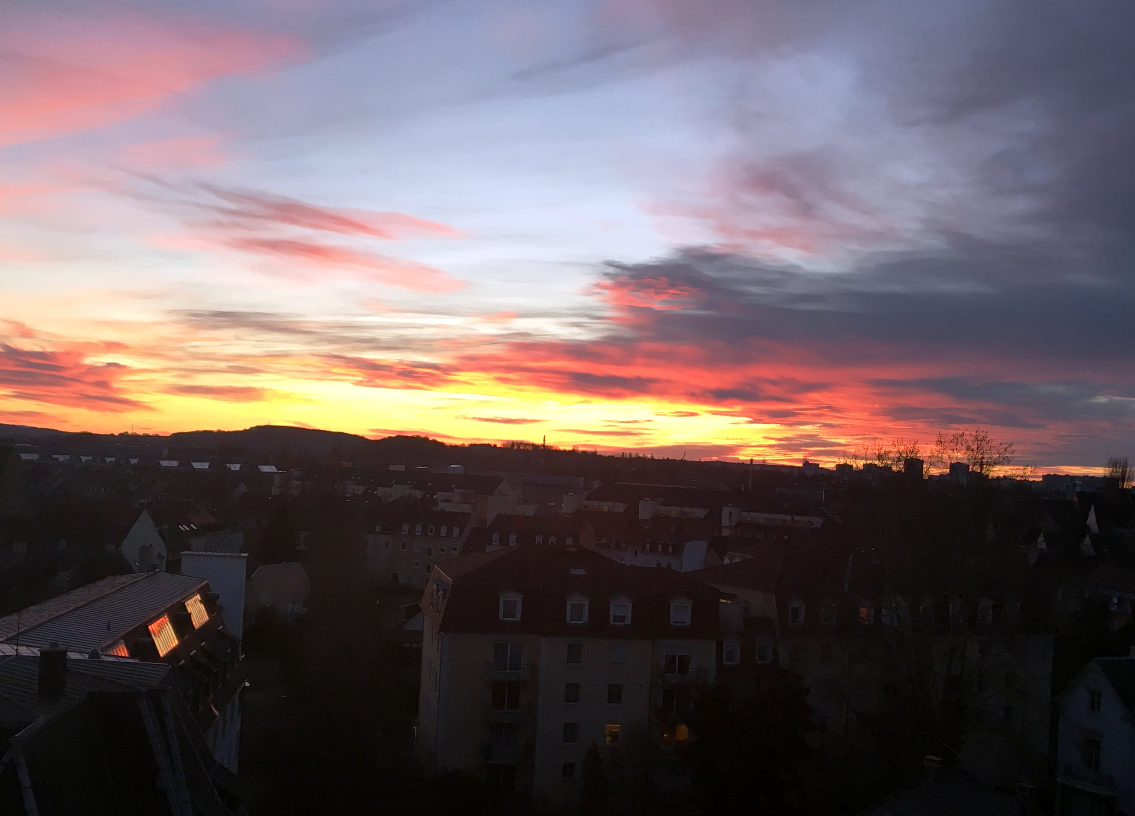 orange color, mountain, urban, france, sunrise, beauty in nature, mulhouse, dusk, weather, building exterior, scenics - nature, building, city, outdoors, HD Wallpaper