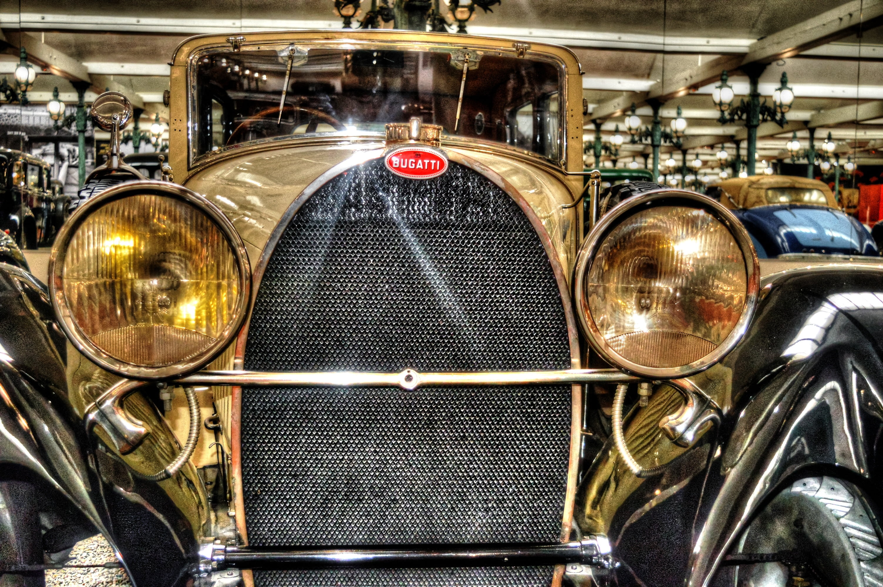 retro styled, silver colored, mode of transportation, chrome, shiny, transportation, motorcycle, vintage car, car, 2K, bugatti, reflection, metal, close-up, HD Wallpaper