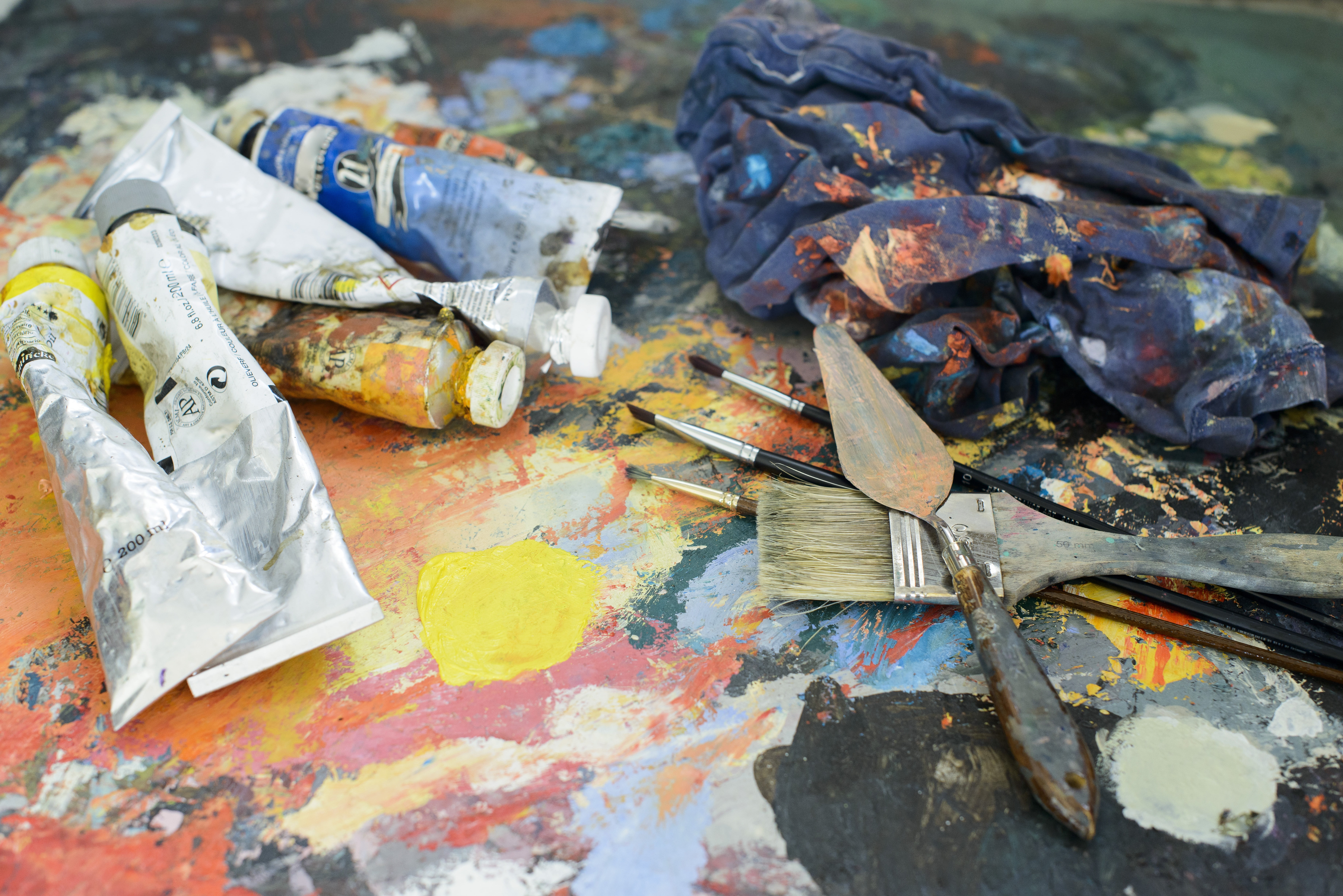 close-up, still life, pollution, equipment, desktop, dirty, paintbrush, craft, outdoors, towel, art and craft equipment, no people, artistic, color, drawing, HD Wallpaper
