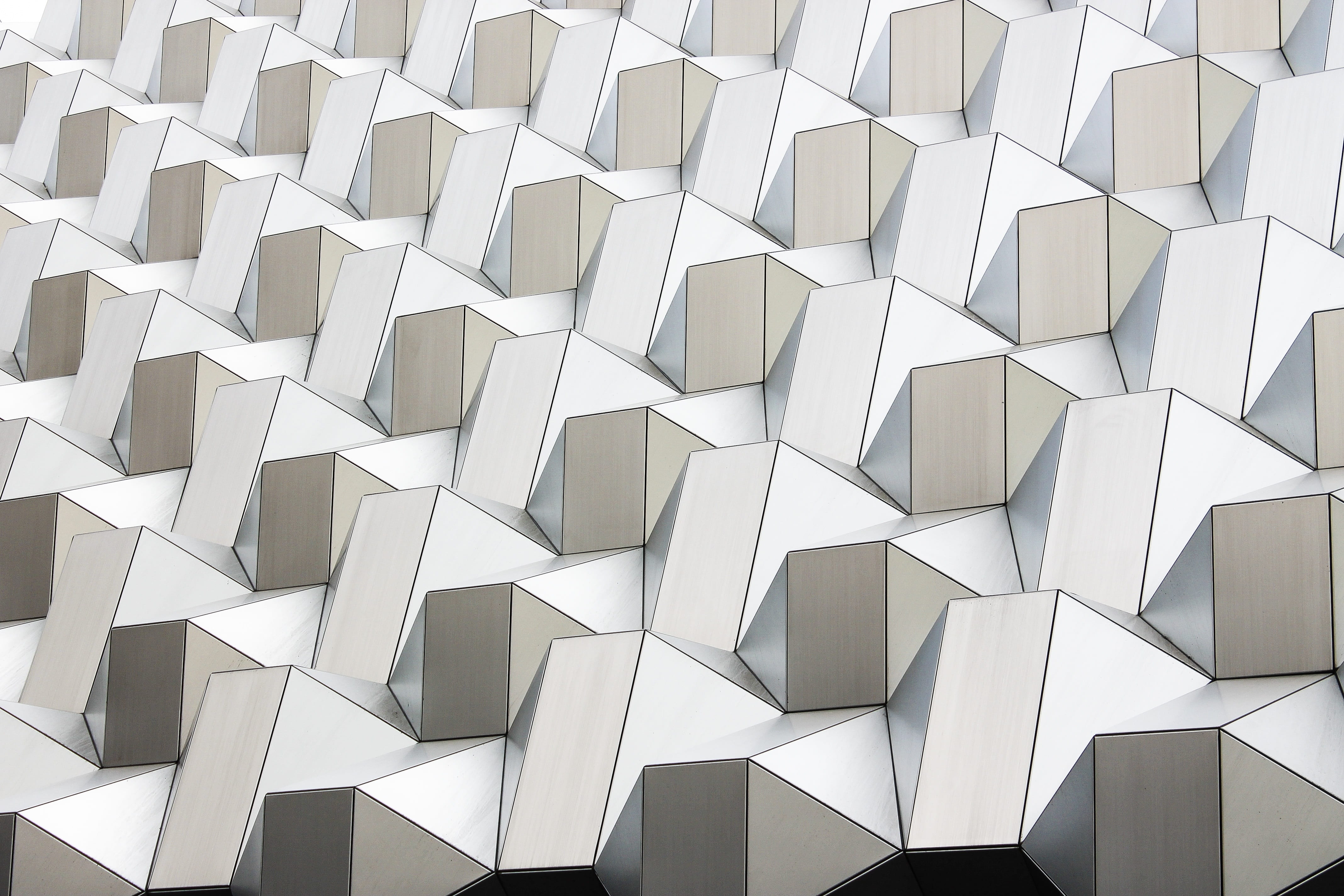 abstract, design, 3d, repetition, architecture, gray, brown, building exterior, full frame, trompe doeil, day, spatial, glass - material, white, low angle view, HD Wallpaper