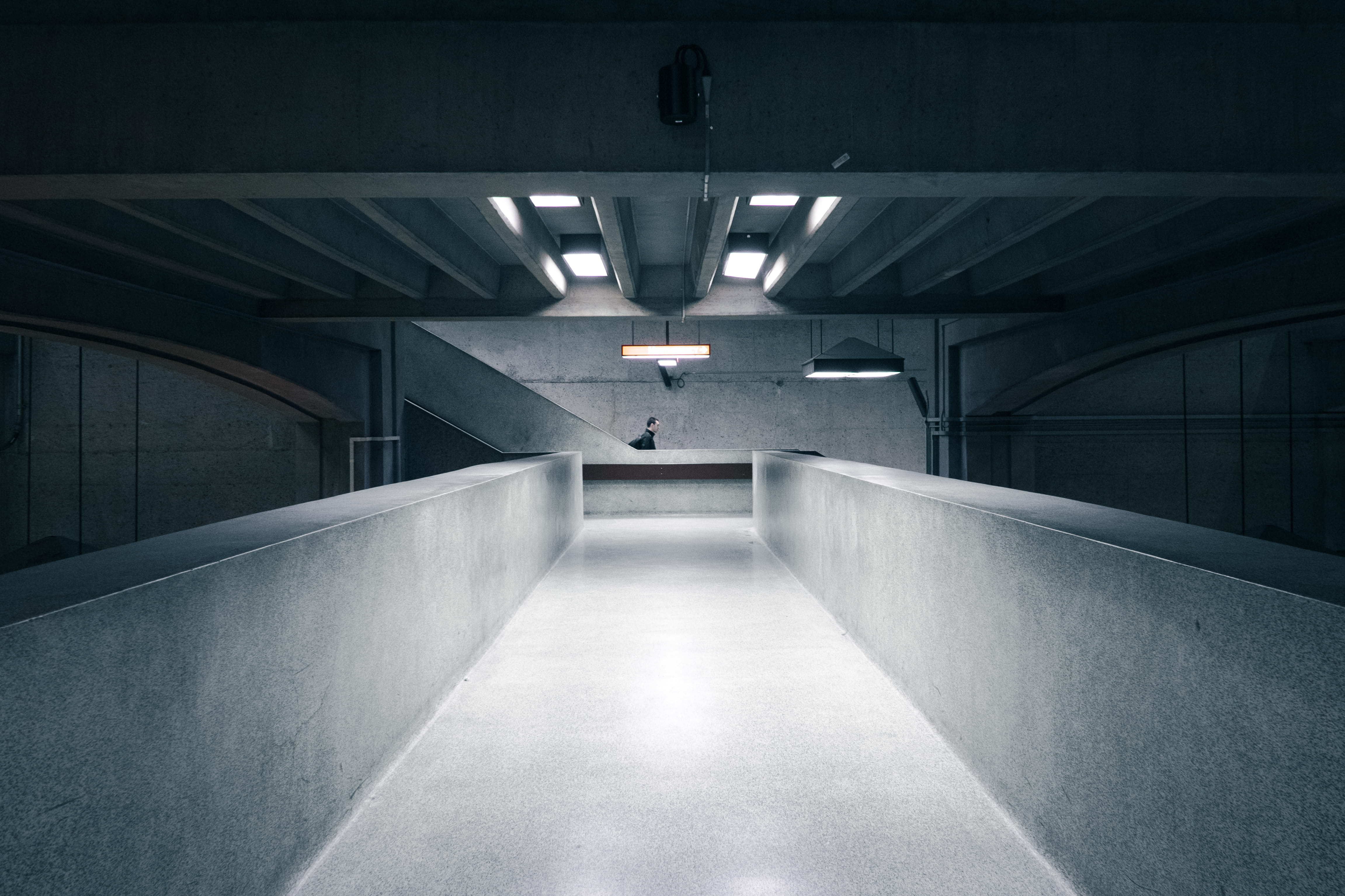 light, indoors, 4K, flooring, no people, illuminated, wall - building feature, concrete, empty, parking garage, modern, hallway, parking lot, tunnel, diminishing perspective, HD Wallpaper