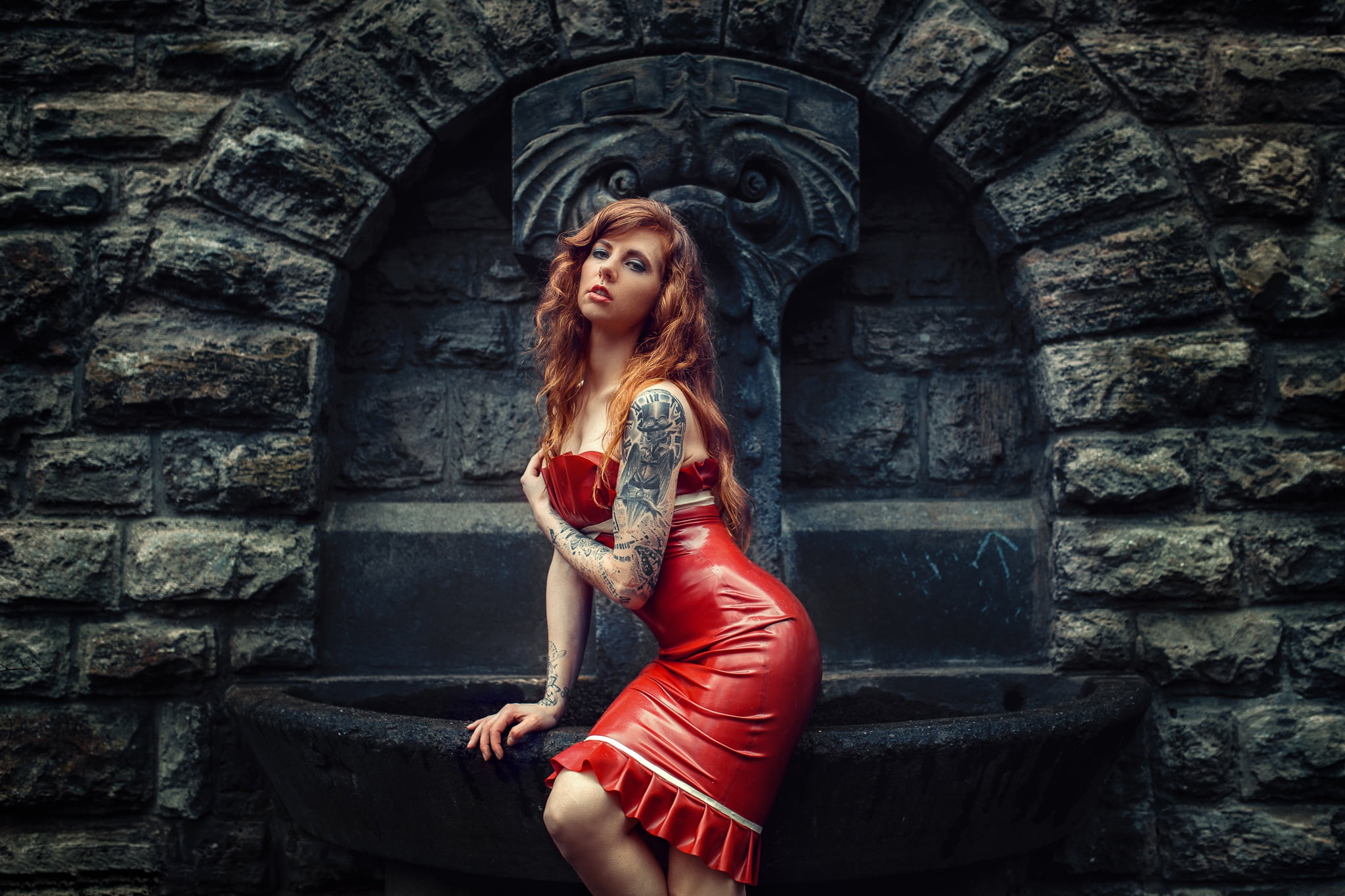 hairstyle, model, 1080P, pose, indoors, redhead, clothing, looking at camera, girl, one person, architecture, built structure, portrait, wall, style, brick, HD Wallpaper