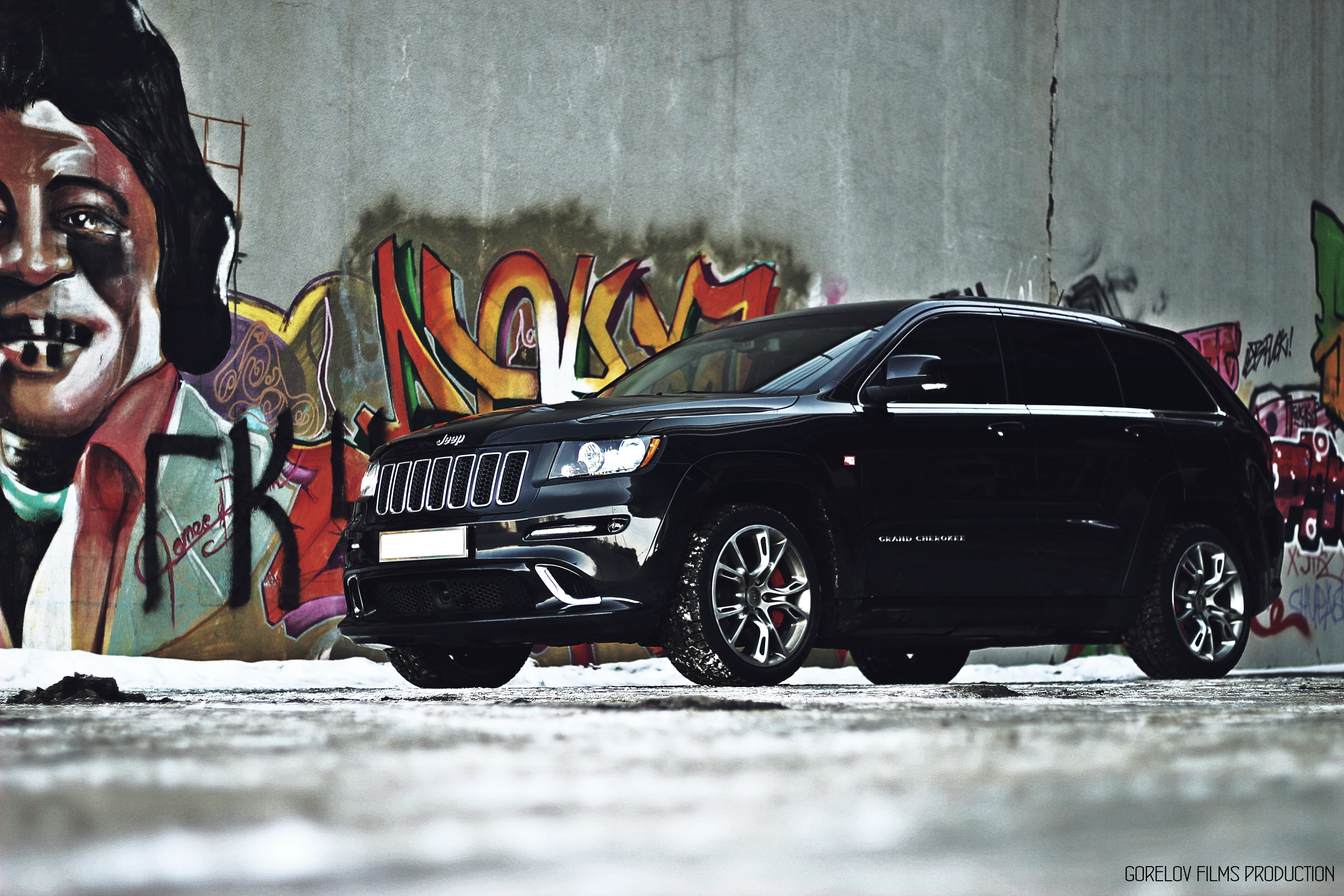 SRT 8, drives, 4K, machine, snow, auto, Jeep, Grand Cherokee, graffiti, HD Wallpaper