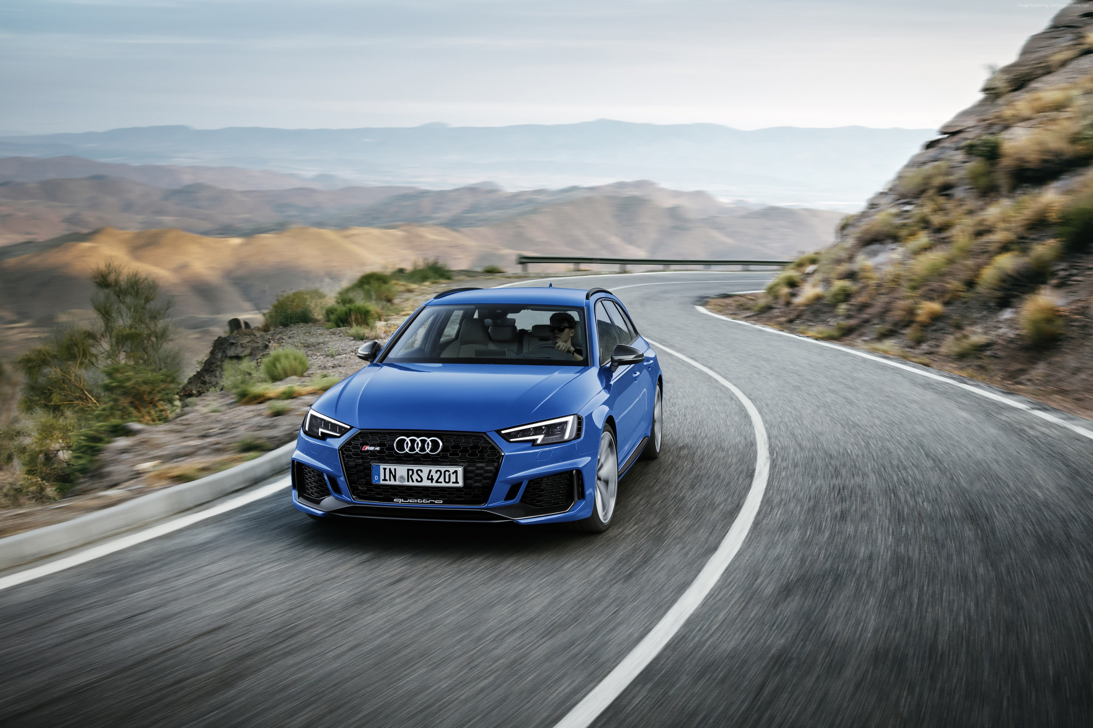 car, 2018 Cars, motor vehicle, nature, day, 4k, Audi RS4 Avant, mountain range, landscape, road trip, no people, environment, transportation, on the move, HD Wallpaper