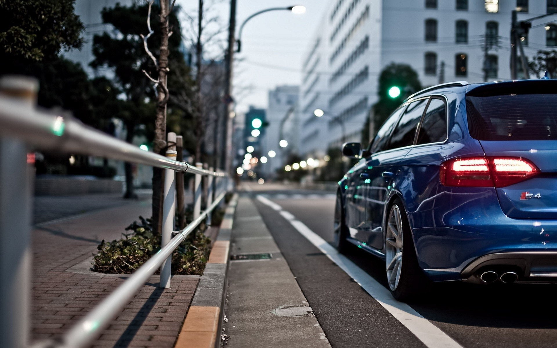 plant, mode of transportation, motor vehicle, Blue Car, tree, transportation, Vehicle, Audi, traffic, land vehicle, building exterior, city, street, road, HD Wallpaper