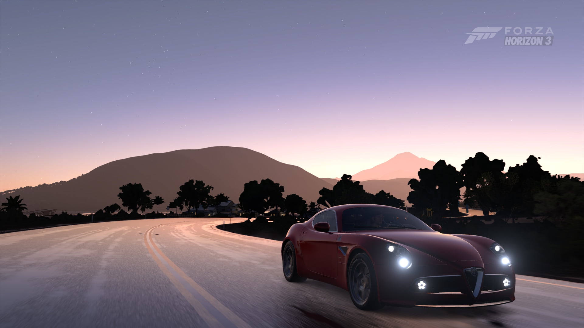 road trip, 1080P, motion, road, mountain range, illuminated, transportation, sky, Alfa Romeo 8C, motor vehicle, sunset, car, beauty in nature, communication, HD Wallpaper