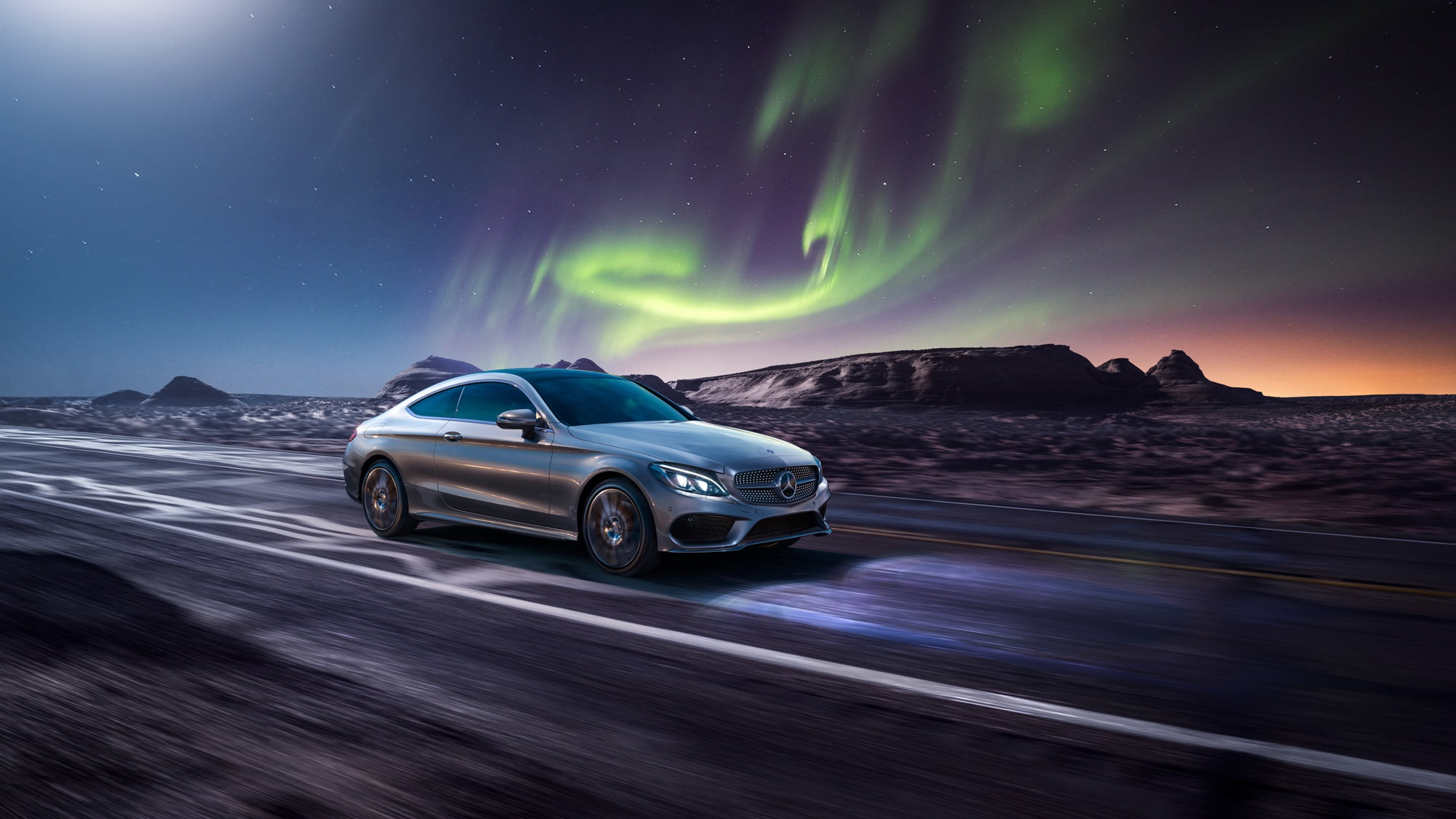 Mercedes-Benz, Car, Silver Car, Luxury Car, Aurora Borealis, Vehicle, Mercedes-Benz C-Class, 1080P, HD Wallpaper