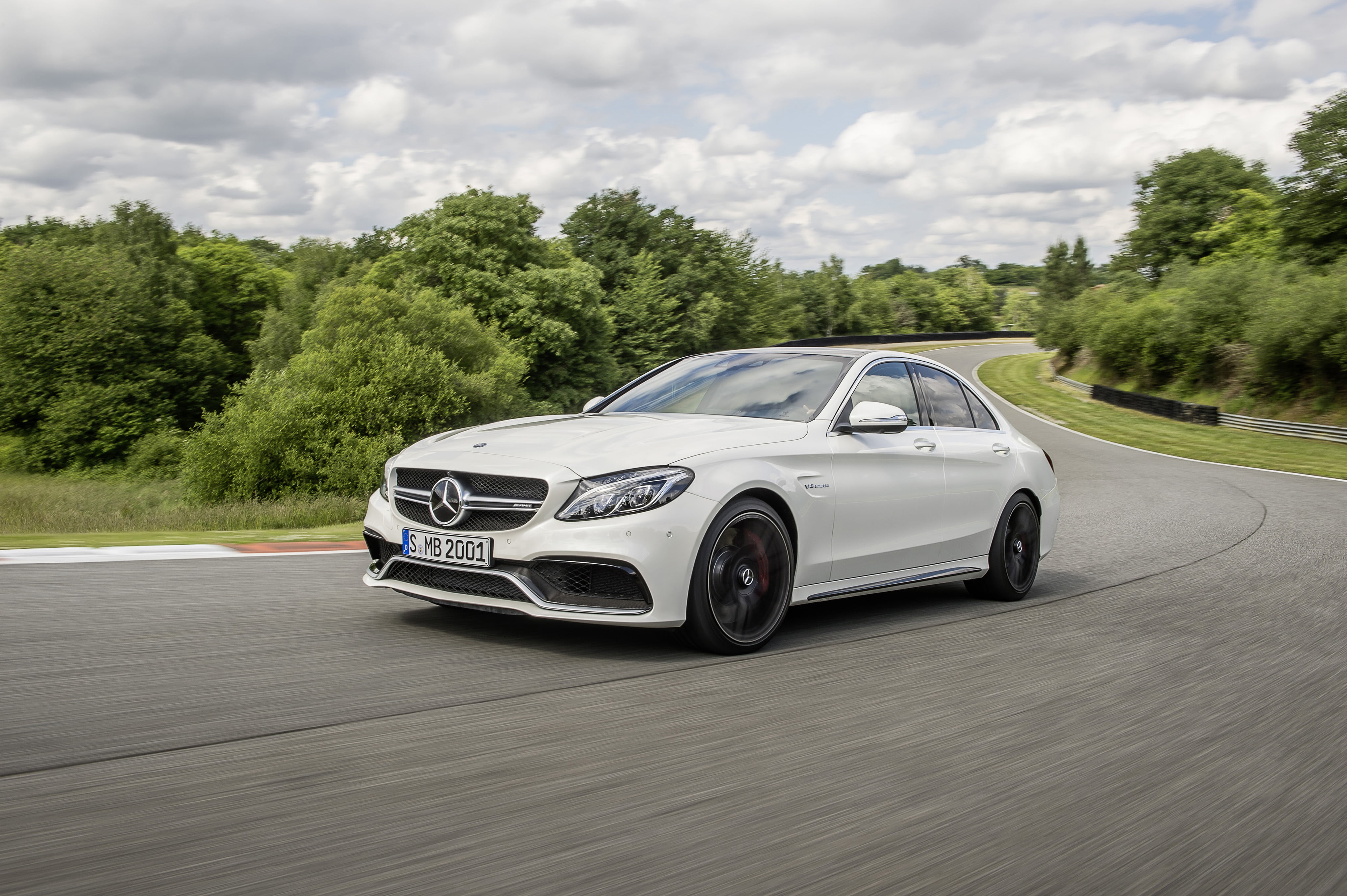 white, mode of transportation, no people, on the move, AMG, benz, motion, day, tree, cloud - sky, 4K, city, luxury, C 63 S, car, W205, transportation, HD Wallpaper