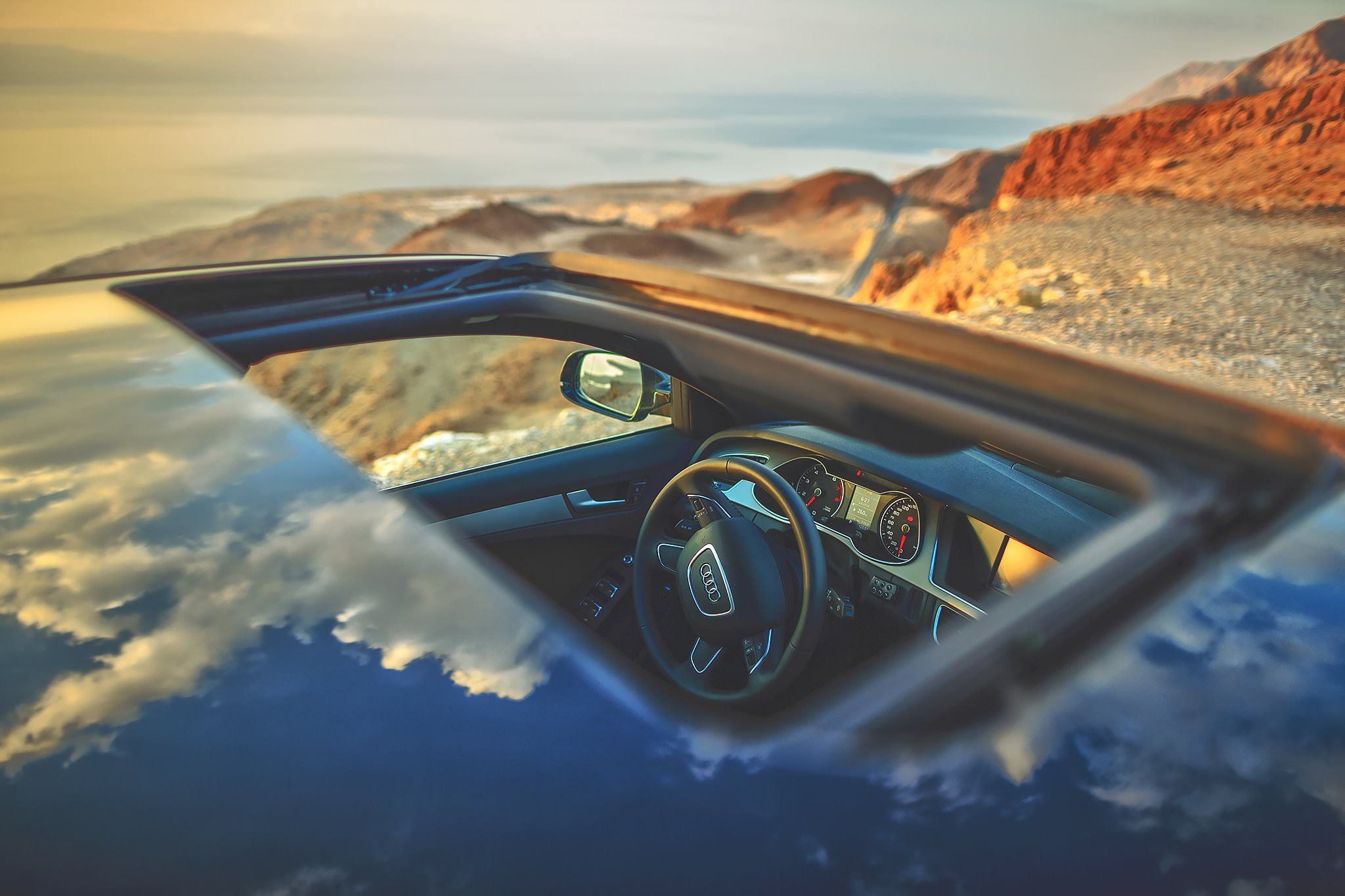 close-up, no people, sky, sunroof, land vehicle, car interior, road trip, glass - material, mode of transportation, road, 1080P, cloud - sky, reflection, HD Wallpaper
