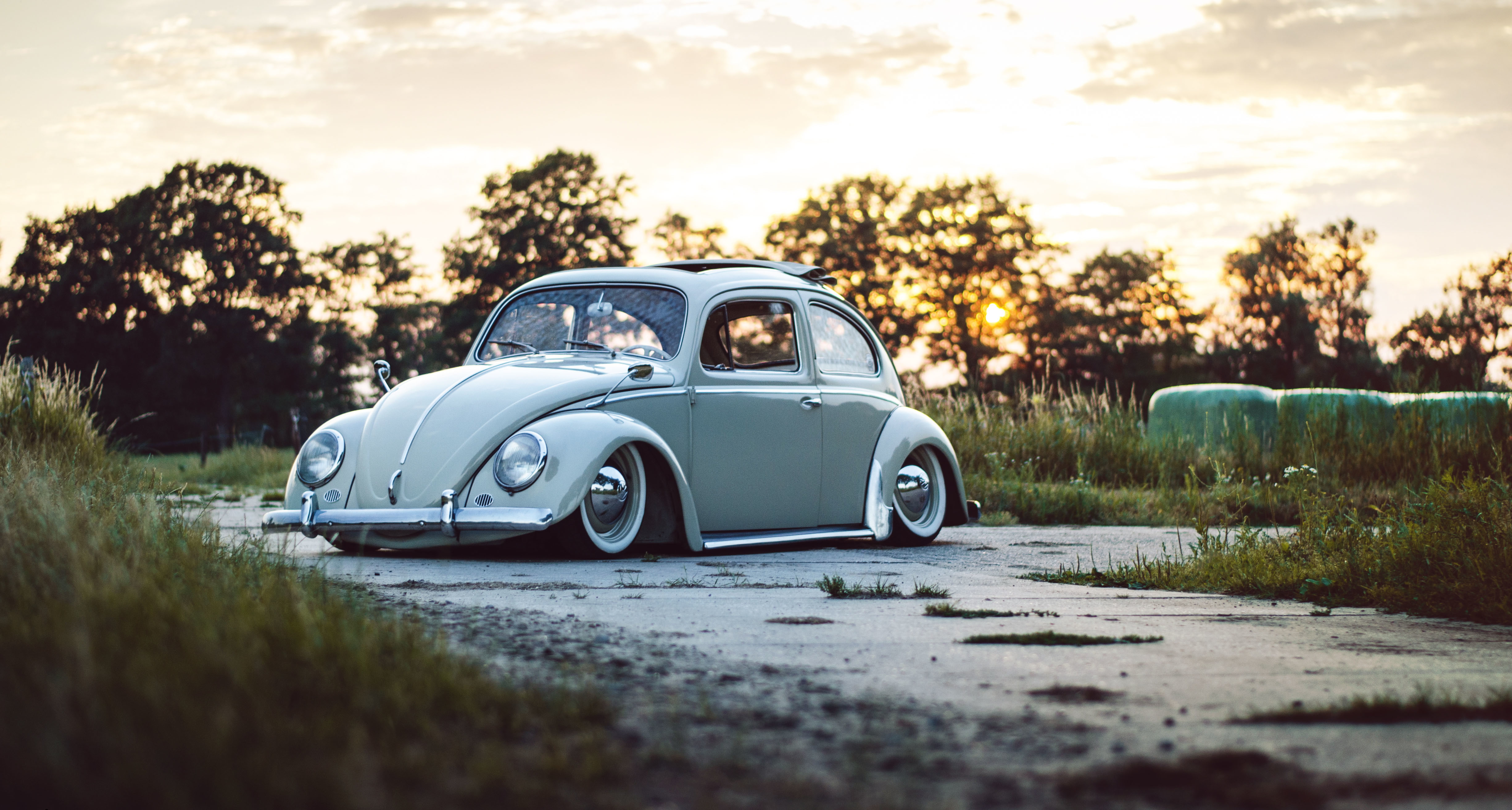 Beetle, road, trees, Volkswagen, sunroof, wheel, sunset, 4K, the sky, HD Wallpaper