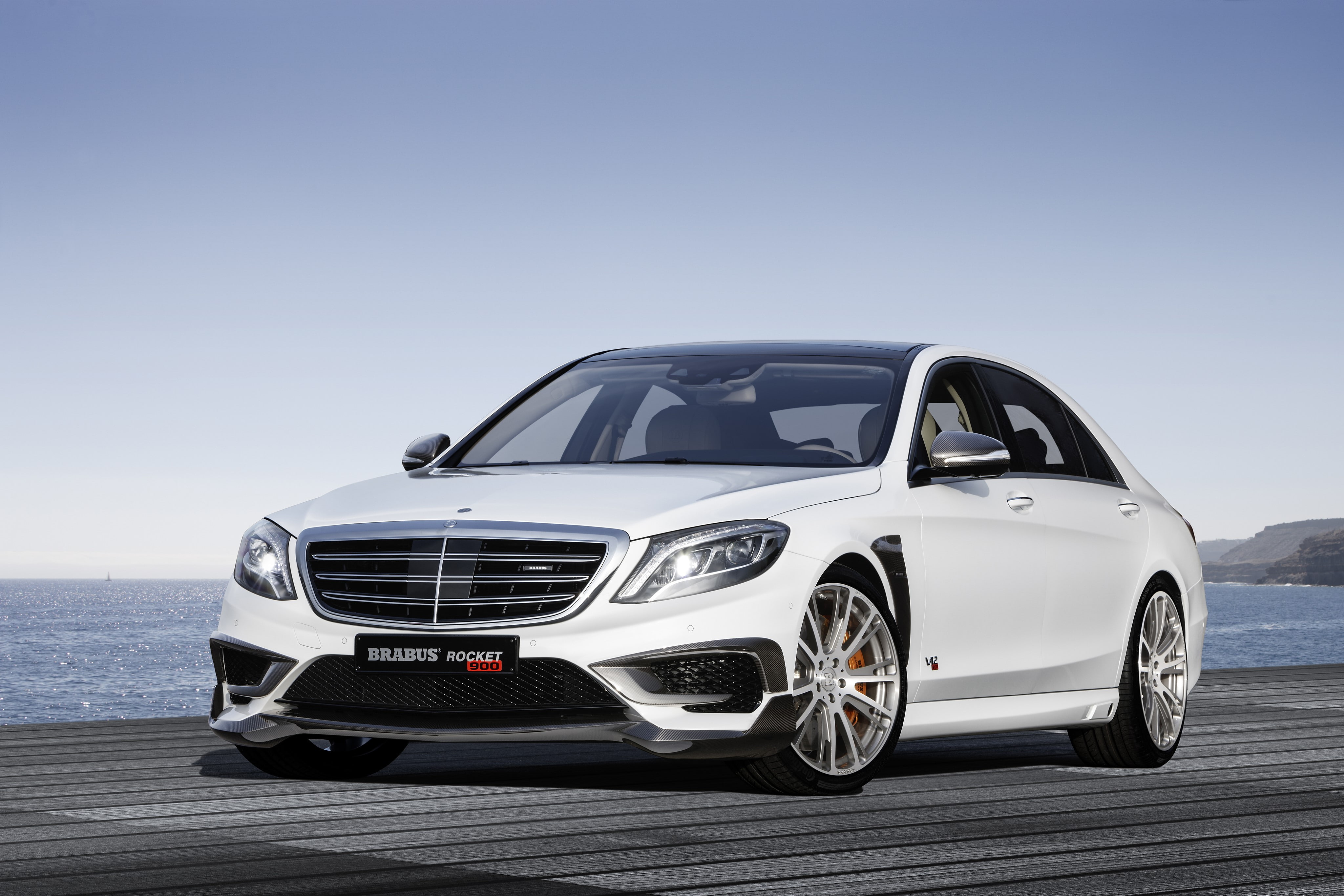 environment, silver colored, Brabus, stationary, Rocket 900, nature, day, clear sky, Mercedes, land vehicle, sky, wheel, 2015, outdoors, no people, White, HD Wallpaper