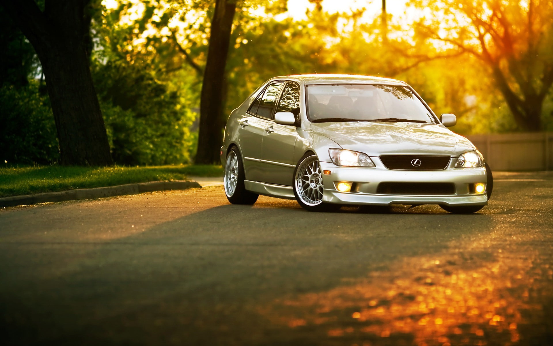 no people, nature, road, street, land vehicle, surface level, lexus lexus is car lexus is300, tree trunk, selective focus, motor vehicle, luxury, silver colored, HD Wallpaper