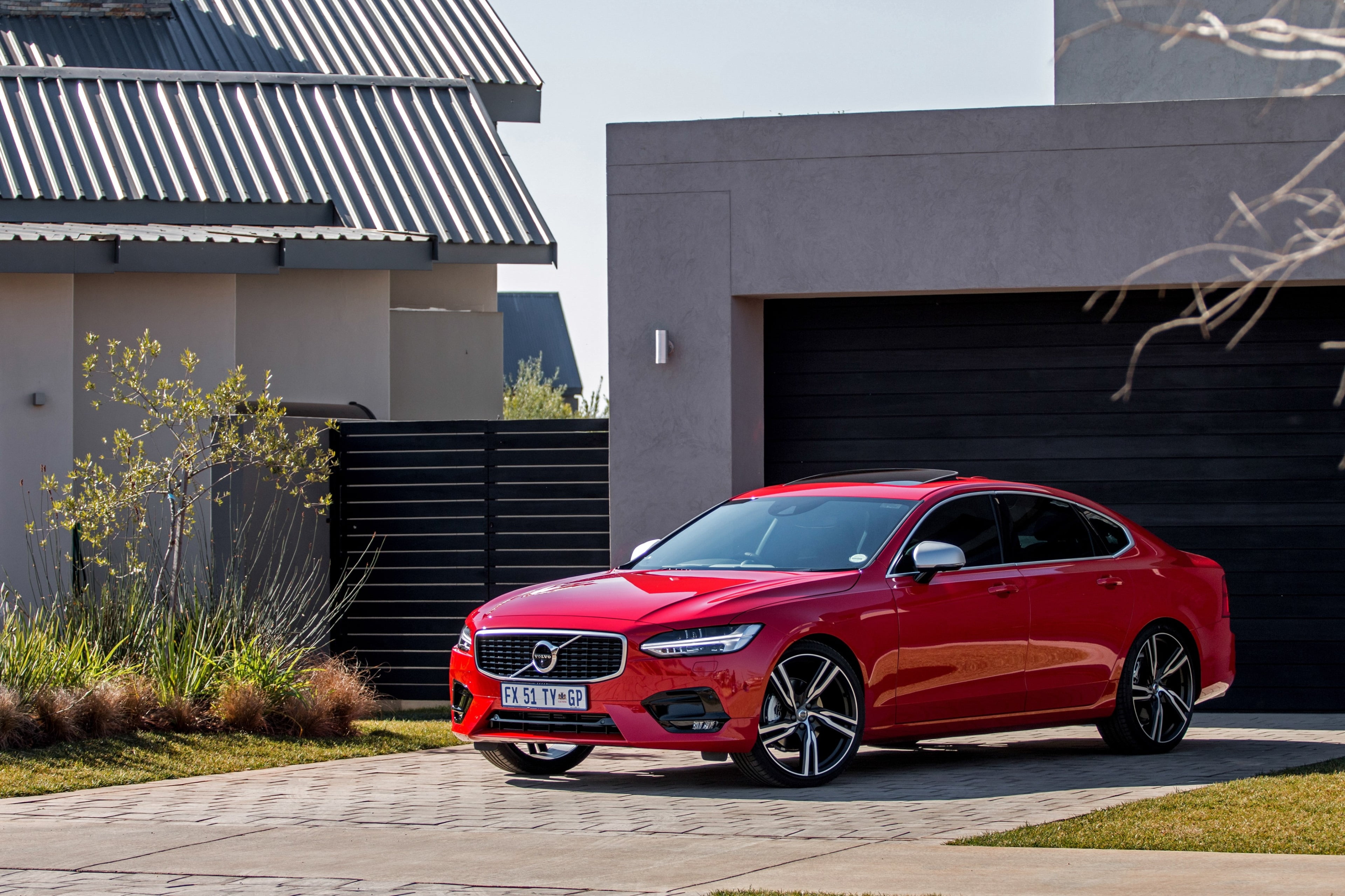 architecture, car, street, building exterior, transportation, built structure, volvo s90 4k desktop background, nature, building, city, red, garage, open, HD Wallpaper