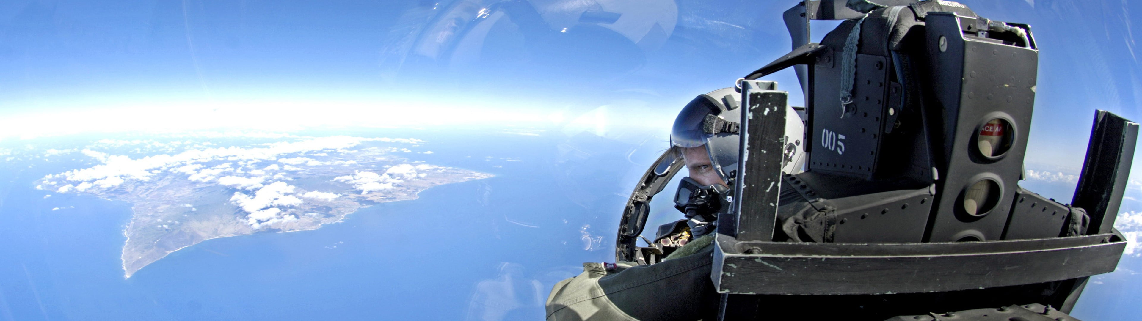 panoramic, pilot, cockpit, scenics - nature, air force, aerial view, aircraft, airplane, mode of transportation, plane, transportation, 4K, water, no people, HD Wallpaper