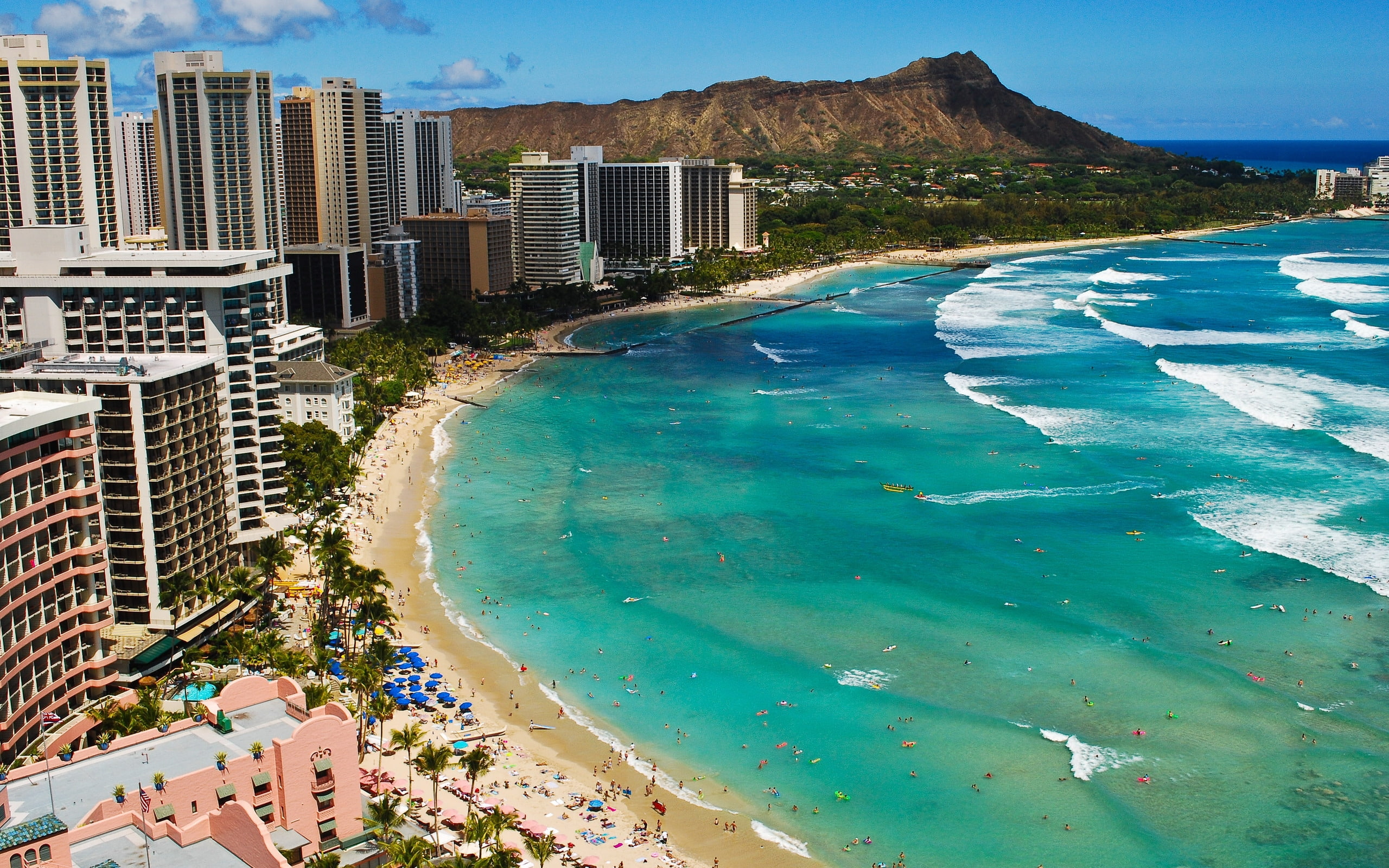 summer, beach, water, sea, view, 2K, building, body, waikiki, hotels, hawaii, high, bear, rise, HD Wallpaper