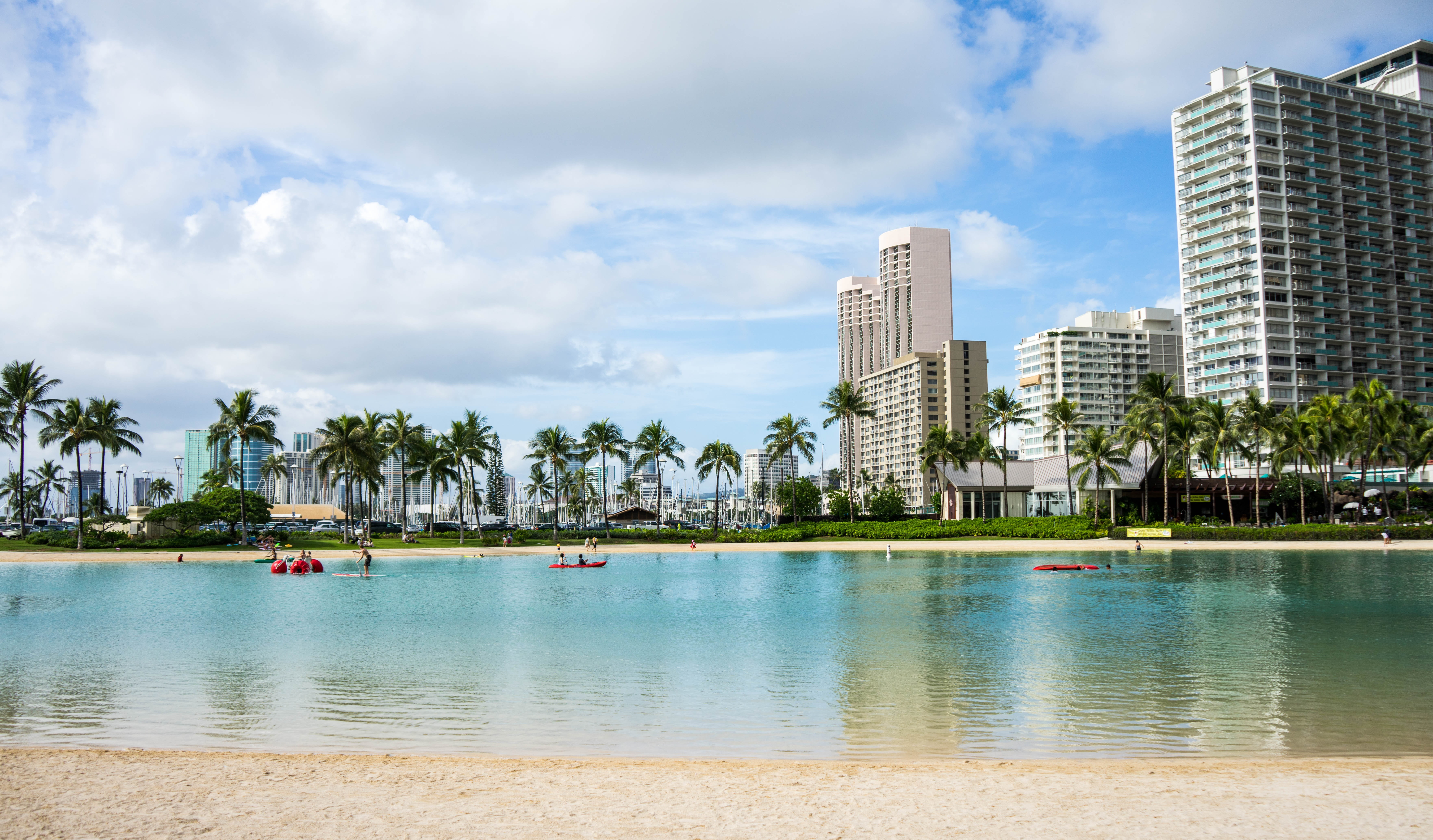 happy, leisure, sea, fun, architecture, landscape, sunny, boat, oahu, tropical, building, cityscape, nature, office building exterior, urban skyline, coconut palm tree, HD Wallpaper