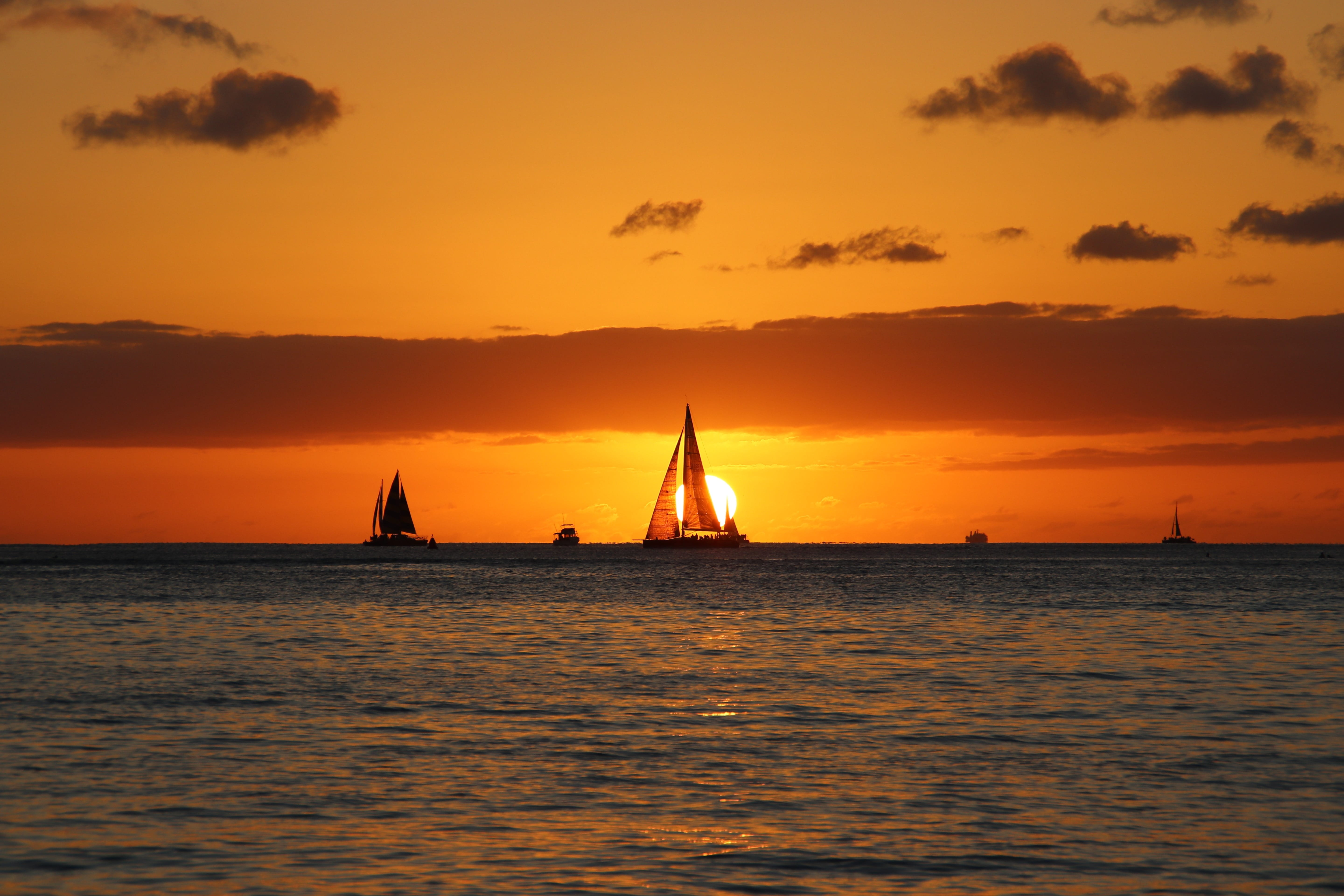 travel, sea, sunset, summer, hawaii, scenics - nature, 5K, waikiki, nature, orange color, idyllic, transportation, ocean, cloud - sky, horizon over water, HD Wallpaper