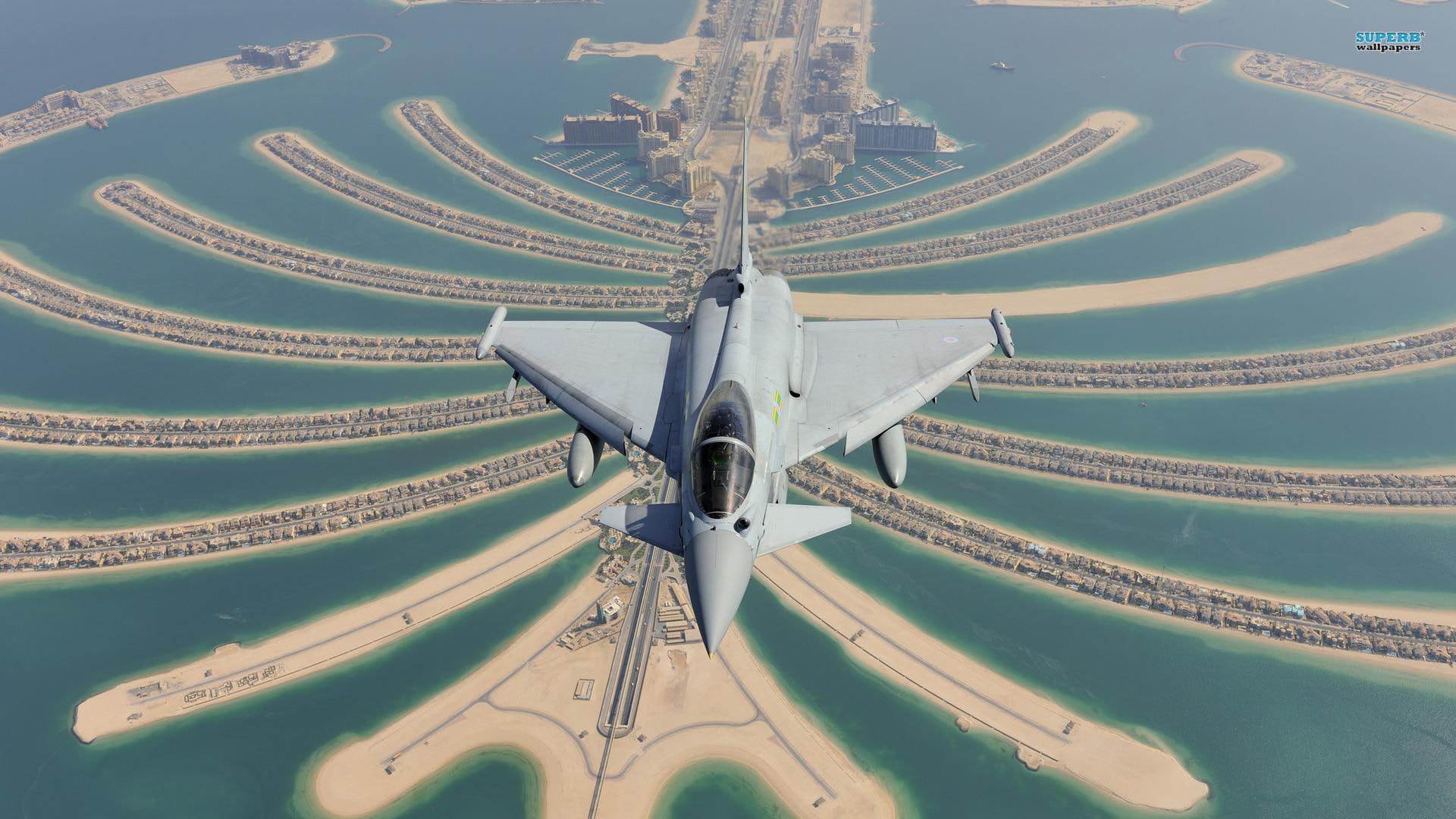 palm, aircraft planes, plane, eurofighter, typhoon, houses, 1080P, islands, dubai, HD Wallpaper
