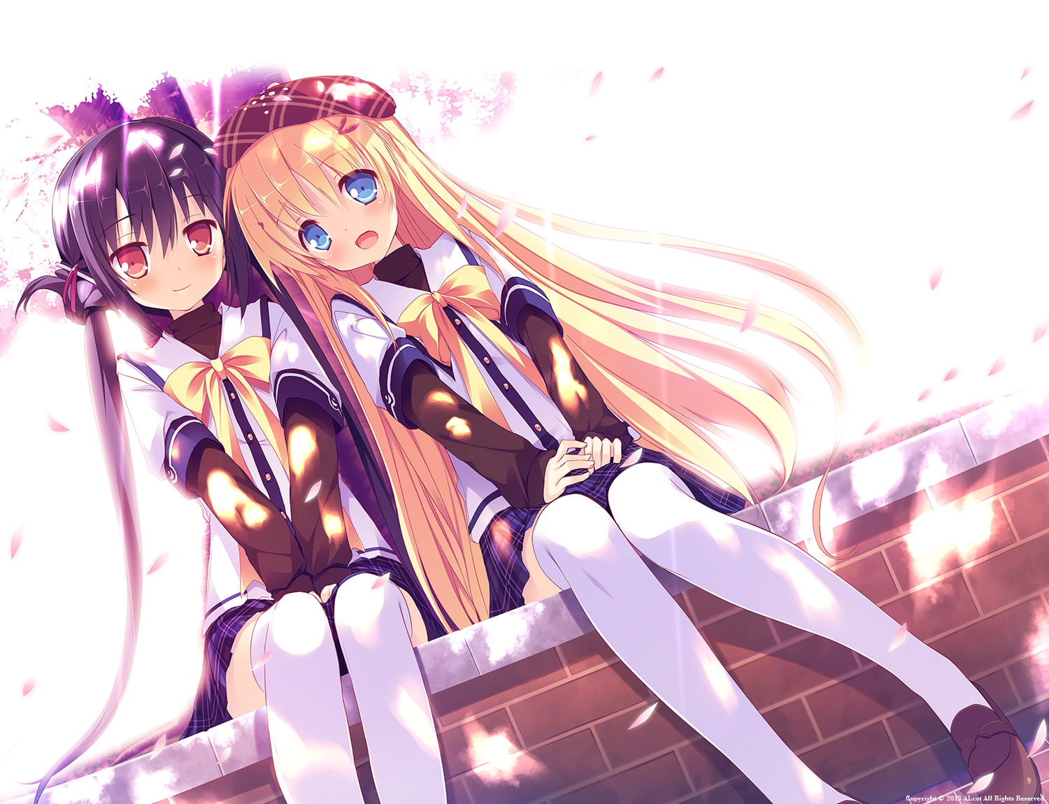 girls, long, blonde, days, clover, hair, alcot, thighhighs, seifuku, nimura, black, 720P, petals, yuushi, character, tagme, HD Wallpaper