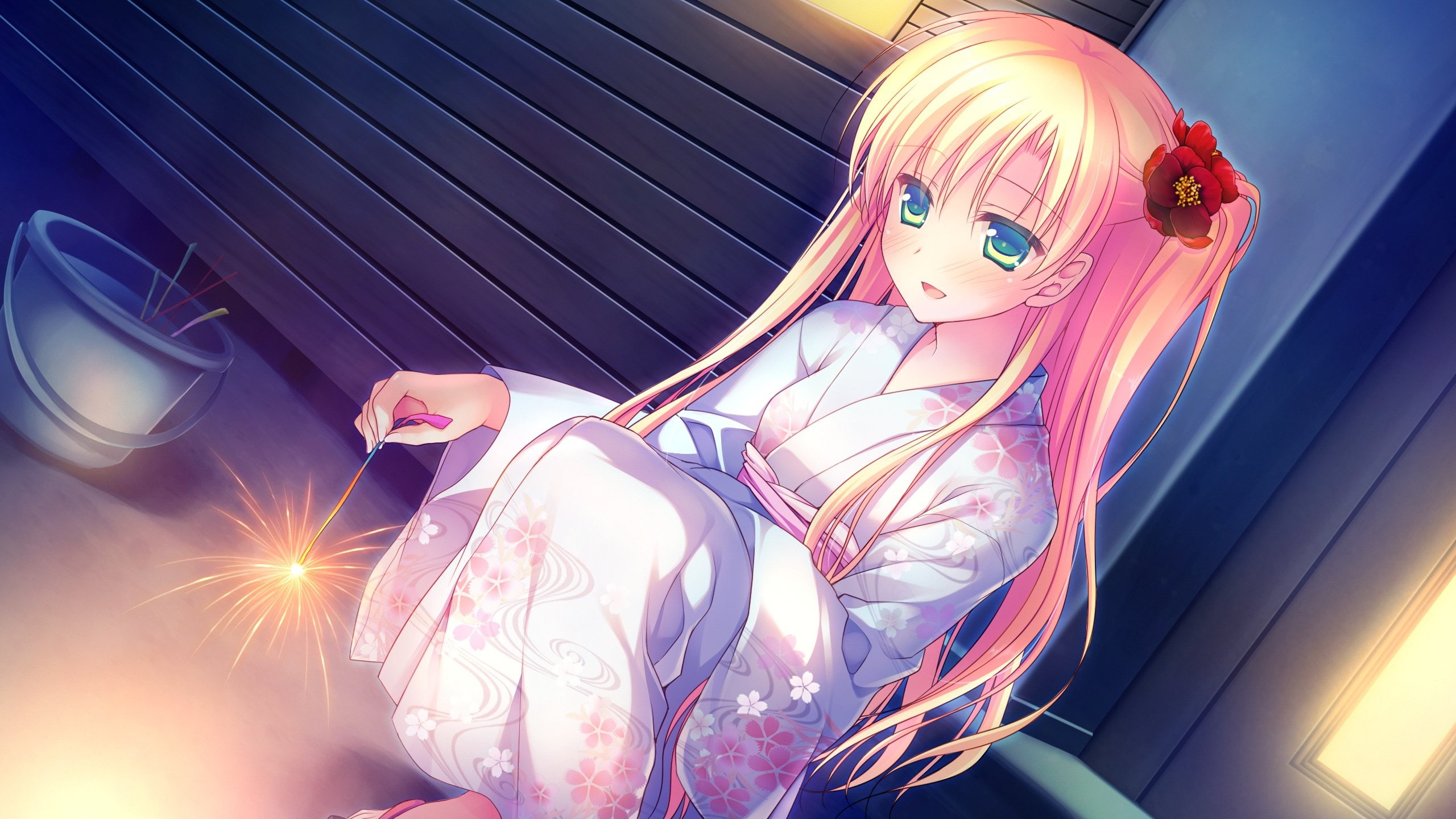 flowers, blonde, green, chibana, long, blush, mitsuki, game, japanese, 2K, ryouka, motomiya, fireworks, yukata, hair, alcot, clothes, eyes, HD Wallpaper