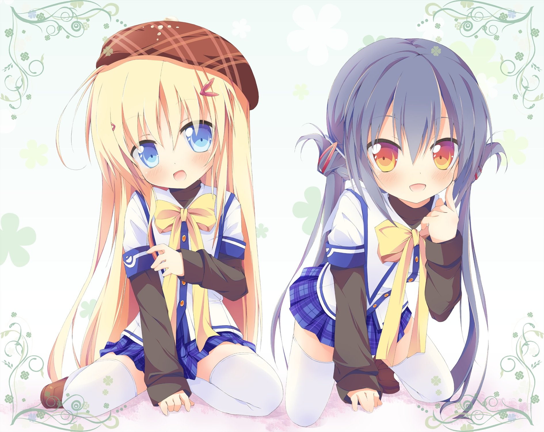 blue, hat, blonde, takakura, anri, 720P, torinannkotsukushi, eyes, alcot, thighhighs, girls, anzu, hair, blush, clover, skirt, day 039 s, bow, orange, HD Wallpaper