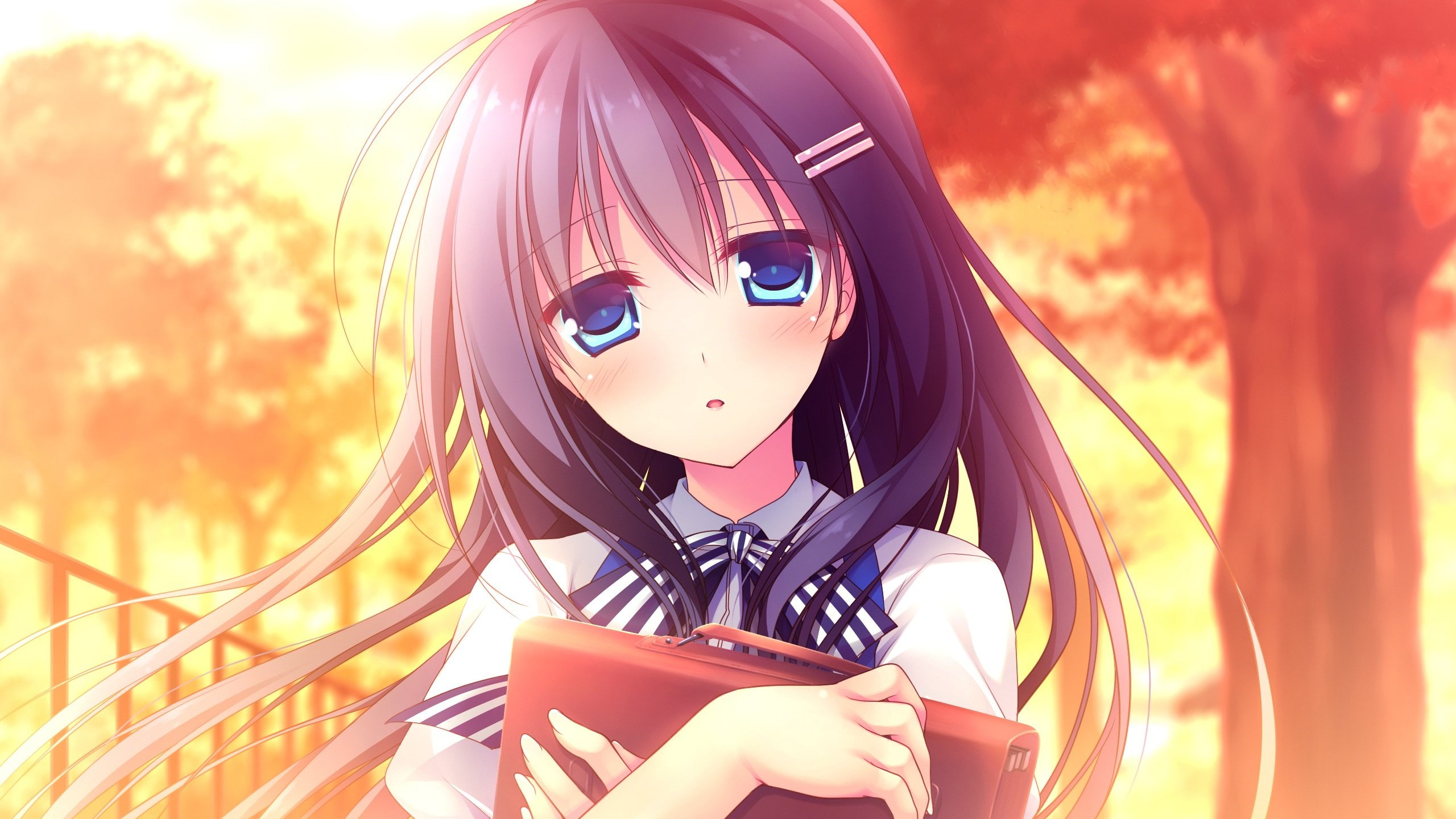 game, tonari, 2K, tree, koishiteru!, black, bow, hoshino, mitsuki, seifuku, alcot, hair, long, blue, motomiya, kimi, nagisa, eyes, blush, HD Wallpaper