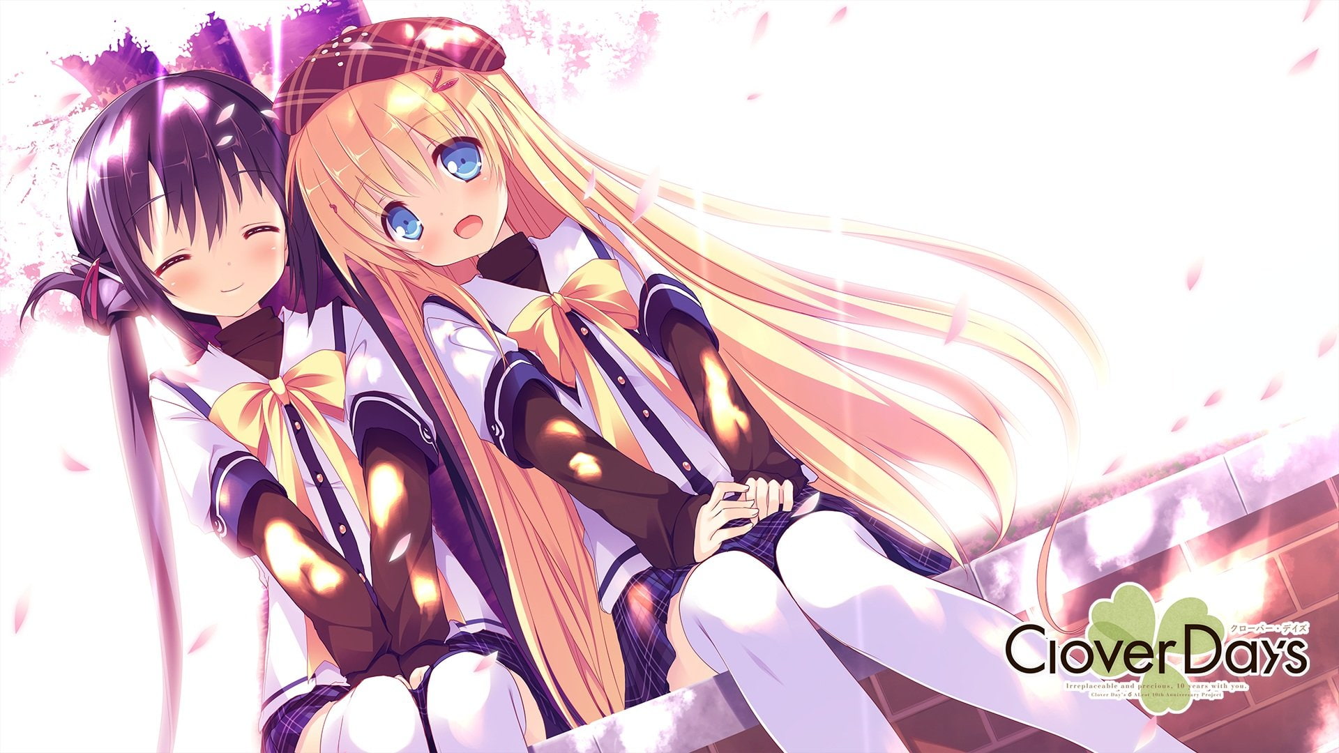 petals, thighhighs, seifuku, long, yuushi, hair, alcot, girls, anzu, days, black, 1080P, anri, nimura, clover, takakura, blonde, HD Wallpaper