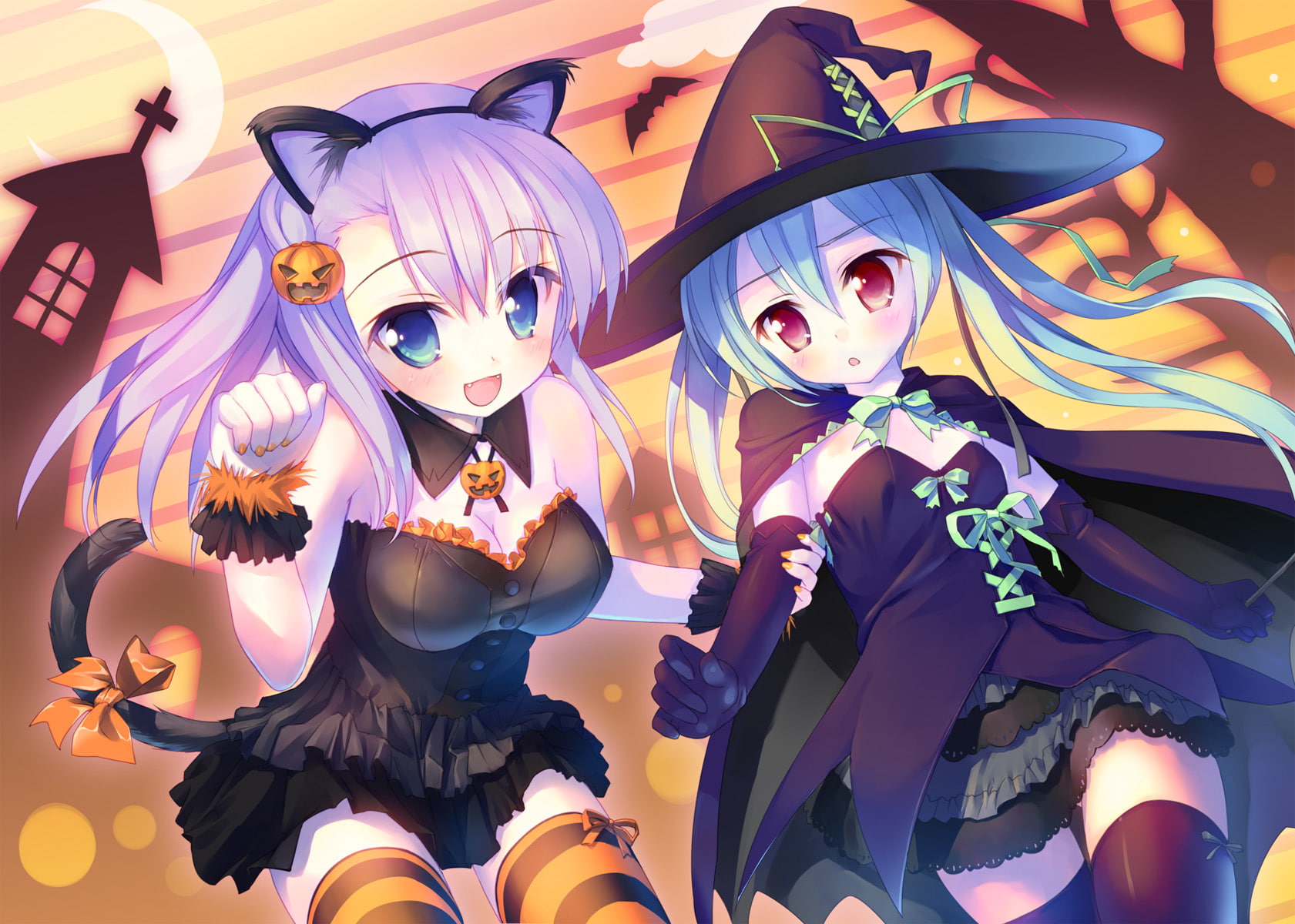 bat, moon, dress, manabe, hair, thighhighs, 720P, halloween, roast, takoyaki, tail, hat, purple, animal, kei, alcot, nanagi, sawatari, HD Wallpaper