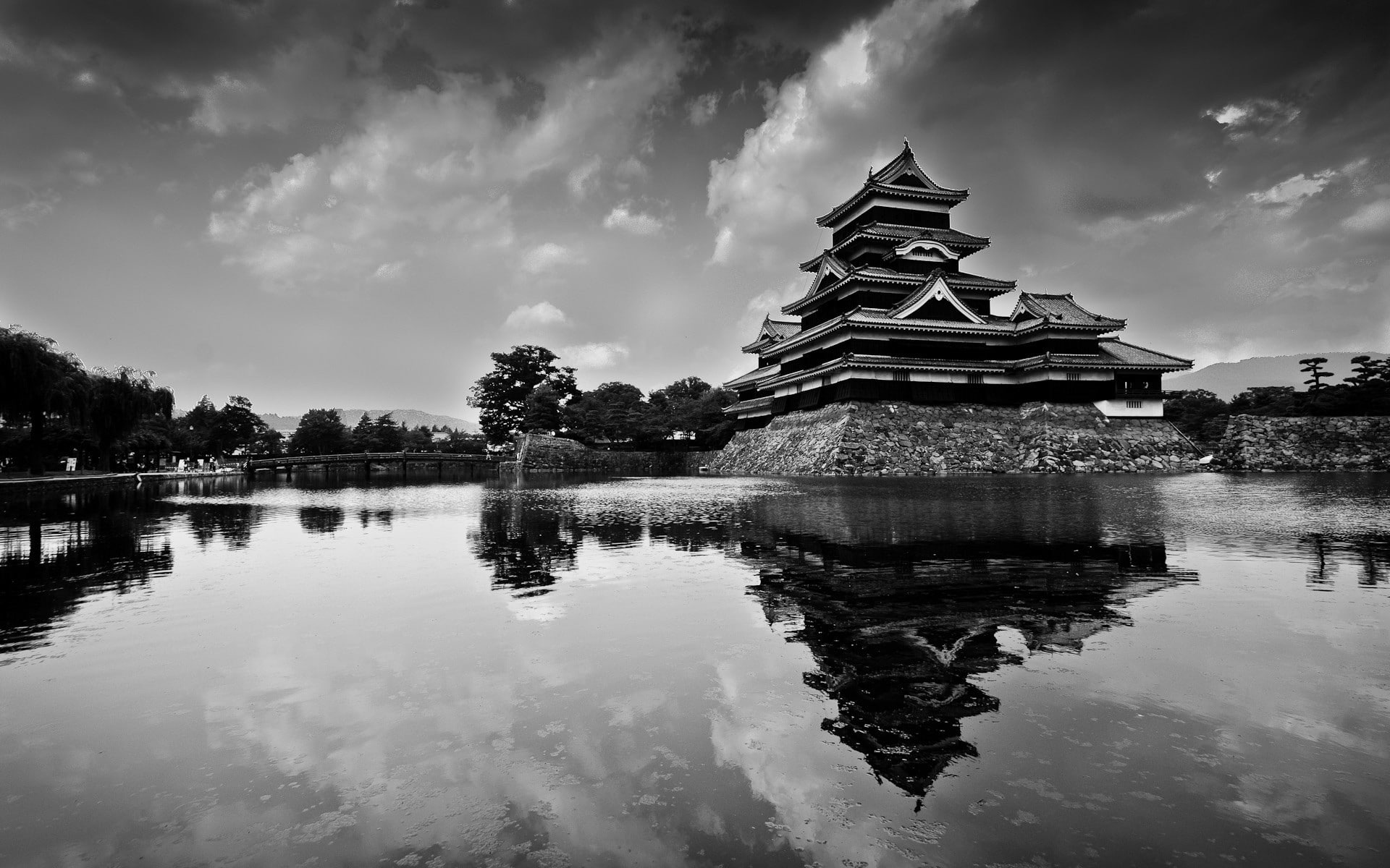 China, reflection, building, Construction, built structure, Black white, belief, Architecture, water, building exterior, Rivers, shrine, nature, no people, HD Wallpaper