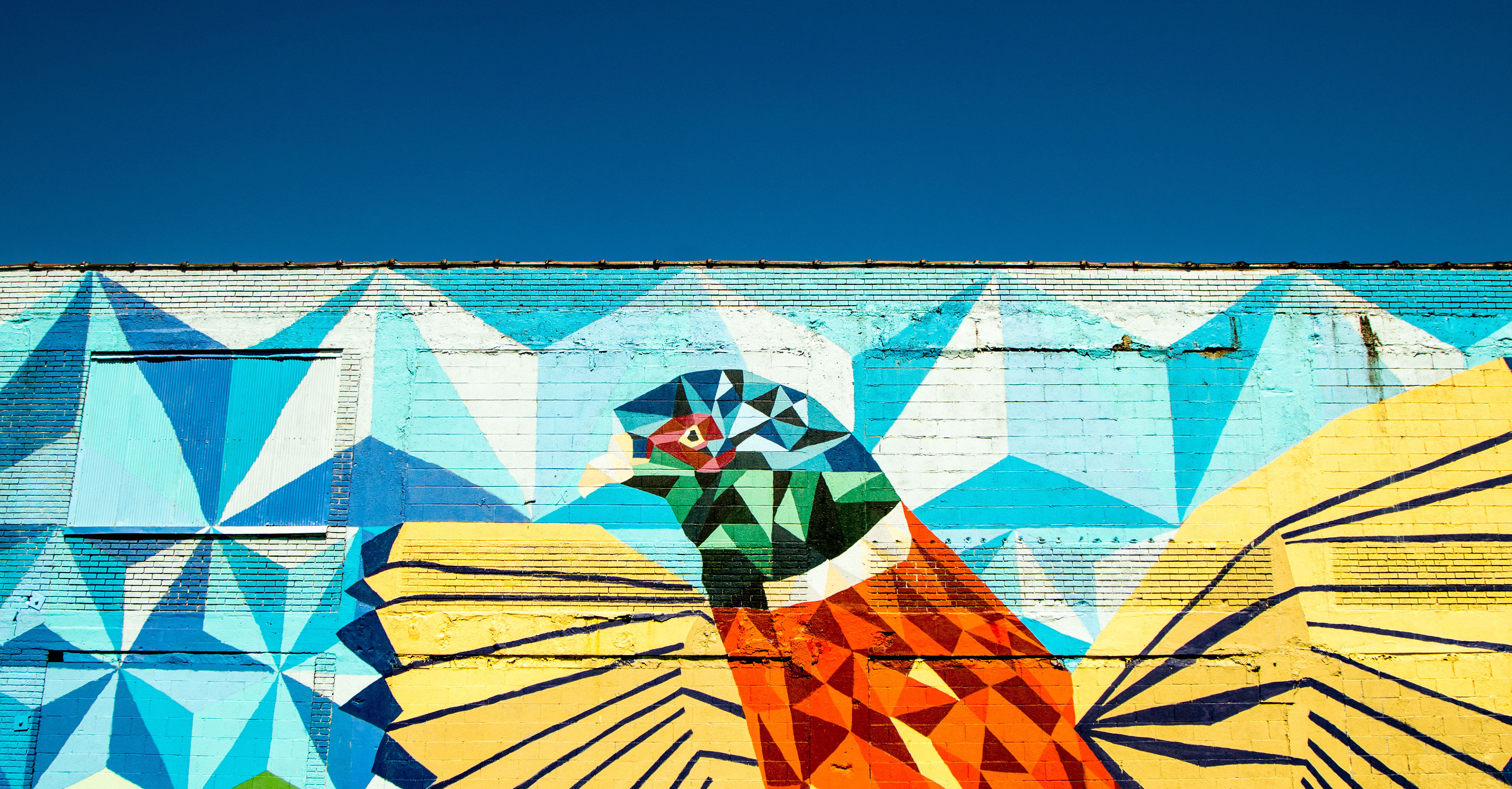animal, sky, bird, yellow, blue, copy space, creativity, 5K, painting, outdoors, front view, art, public, mural, red, young adult, nature, people, wall, HD Wallpaper