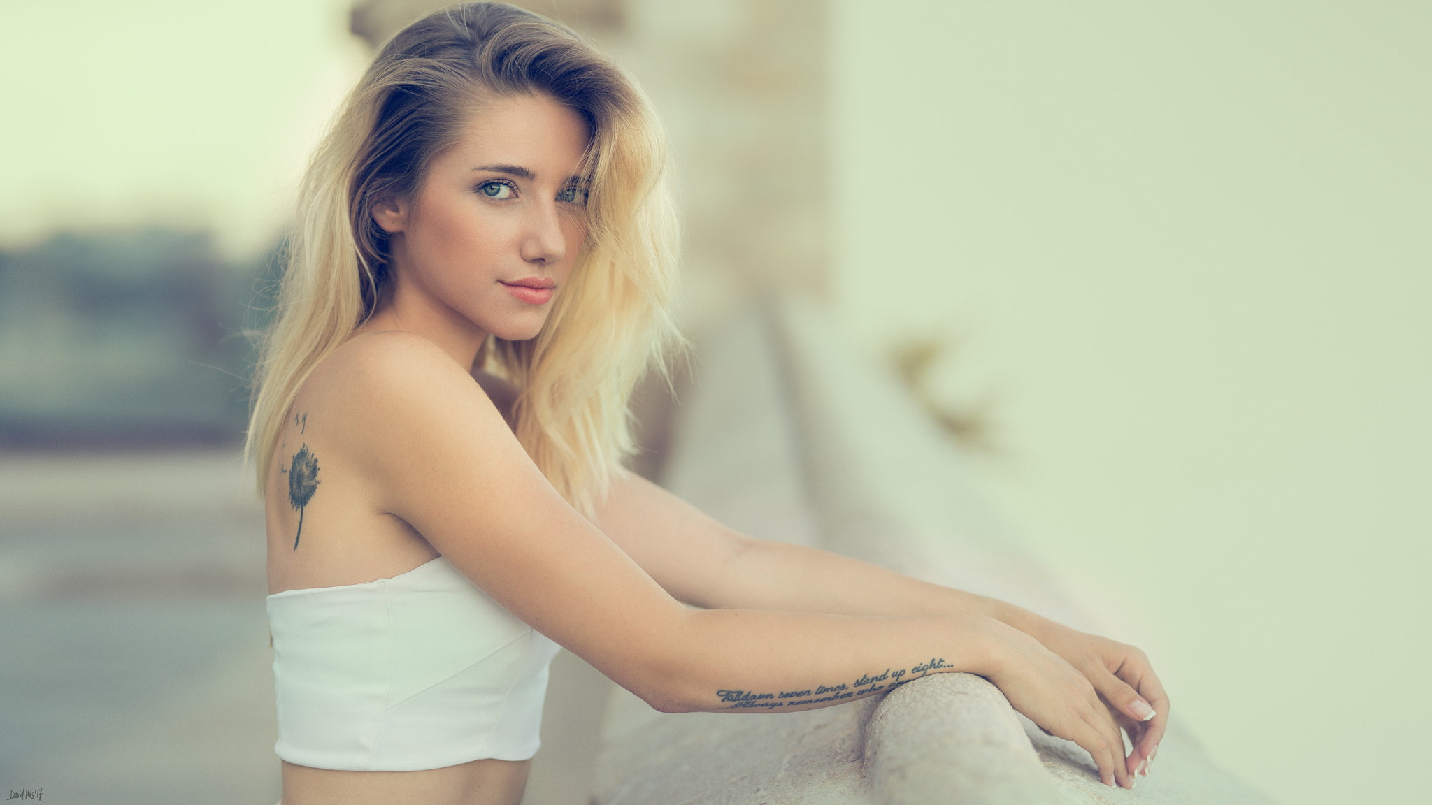 blue eyes, portrait, 1080P, women outdoors, blonde, David Mas, tattoo, women, smirk, bare shoulders, face, bokeh, HD Wallpaper