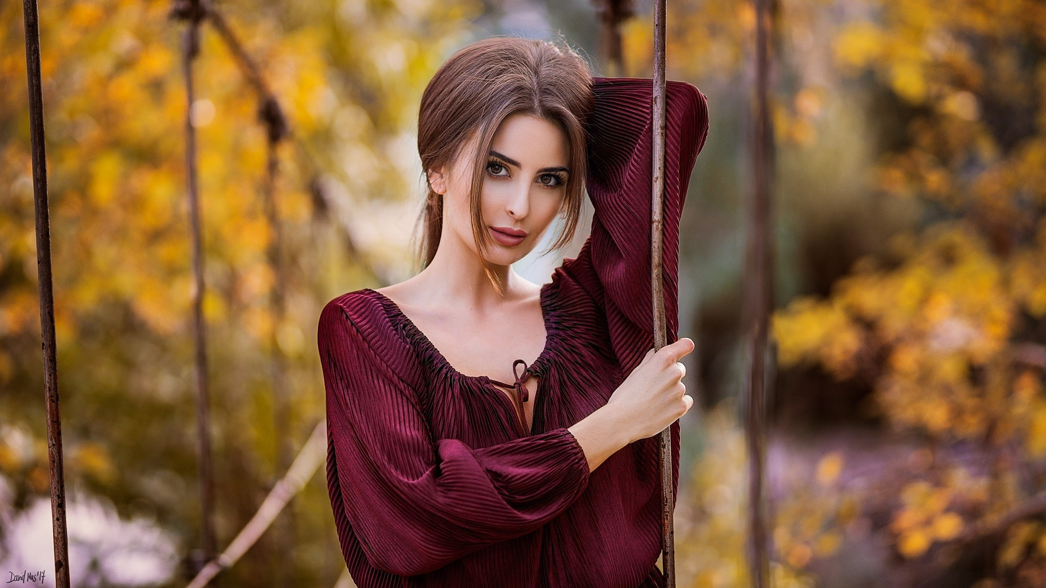 model, auburn hair, long hair, David Mas, straight hair, face, women, 1080P, portrait, looking at viewer, HD Wallpaper