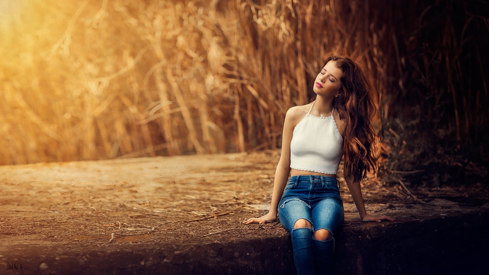 wavy hair, women outdoors, David Mas, women, torn jeans, long hair, sitting, redhead, model, 720P, closed eyes, HD Wallpaper