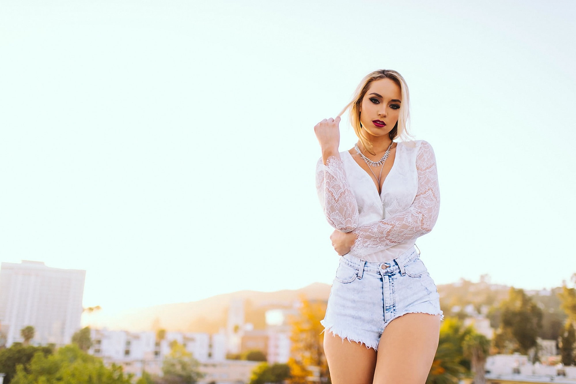 jewelry, s, look, blouse, women, girl, floral, pose, Sydney Maler, maler, curl, city shorts, shirt, sleeve, white, long, 1080P, blonde, sydney, HD Wallpaper