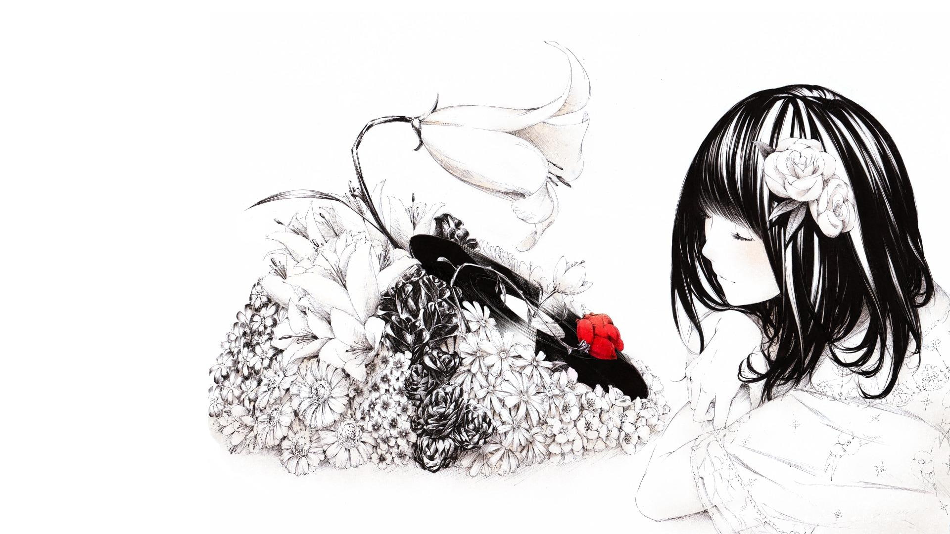cute-girl, girl, 1080P, anime, black-hair, music, flowers, rose, record, black-and-white, nature, red-rose, HD Wallpaper